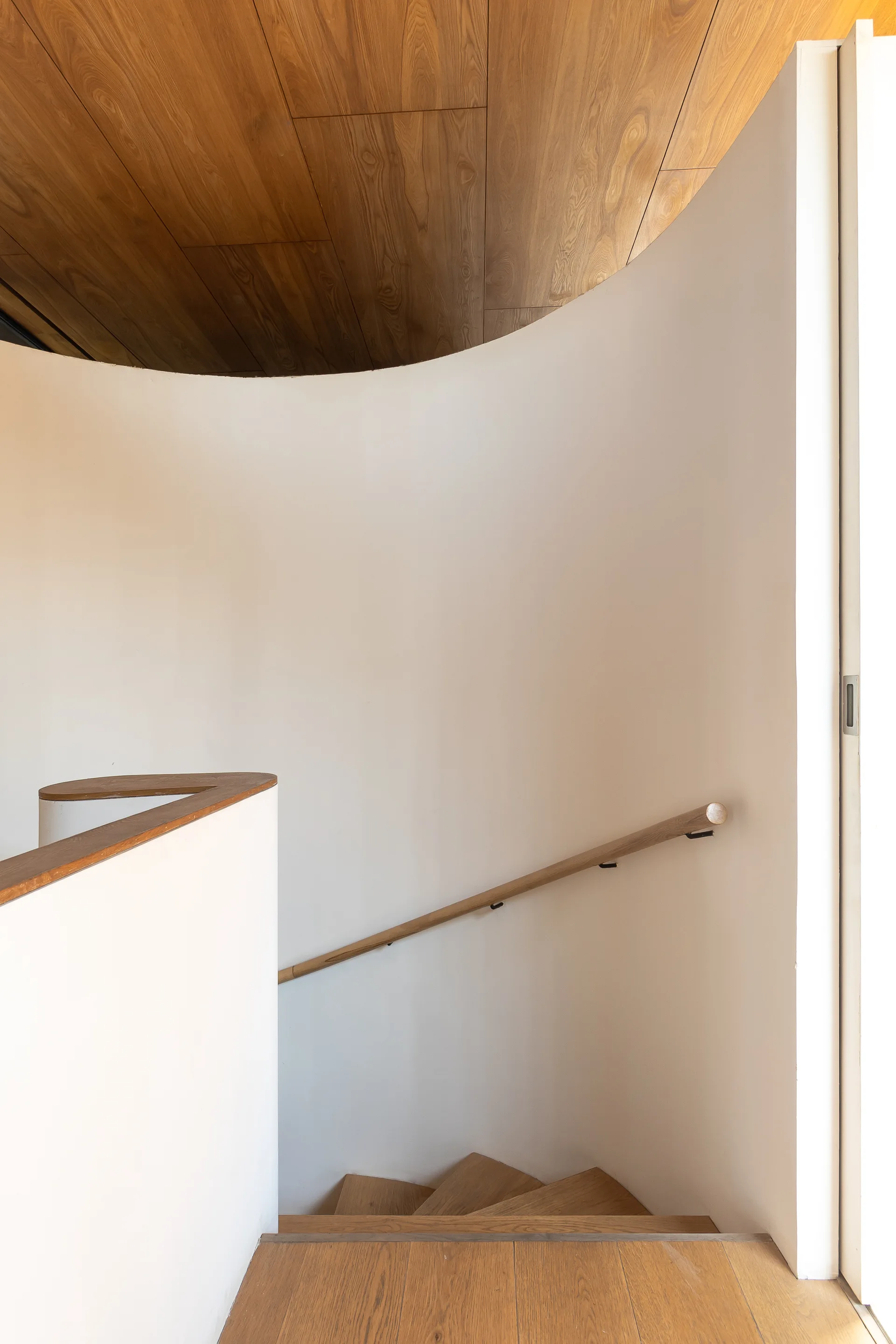 A minimalist curved staircase features smooth white walls, wooden treads, a matching wood handrail, and a curved wood plank ceiling.