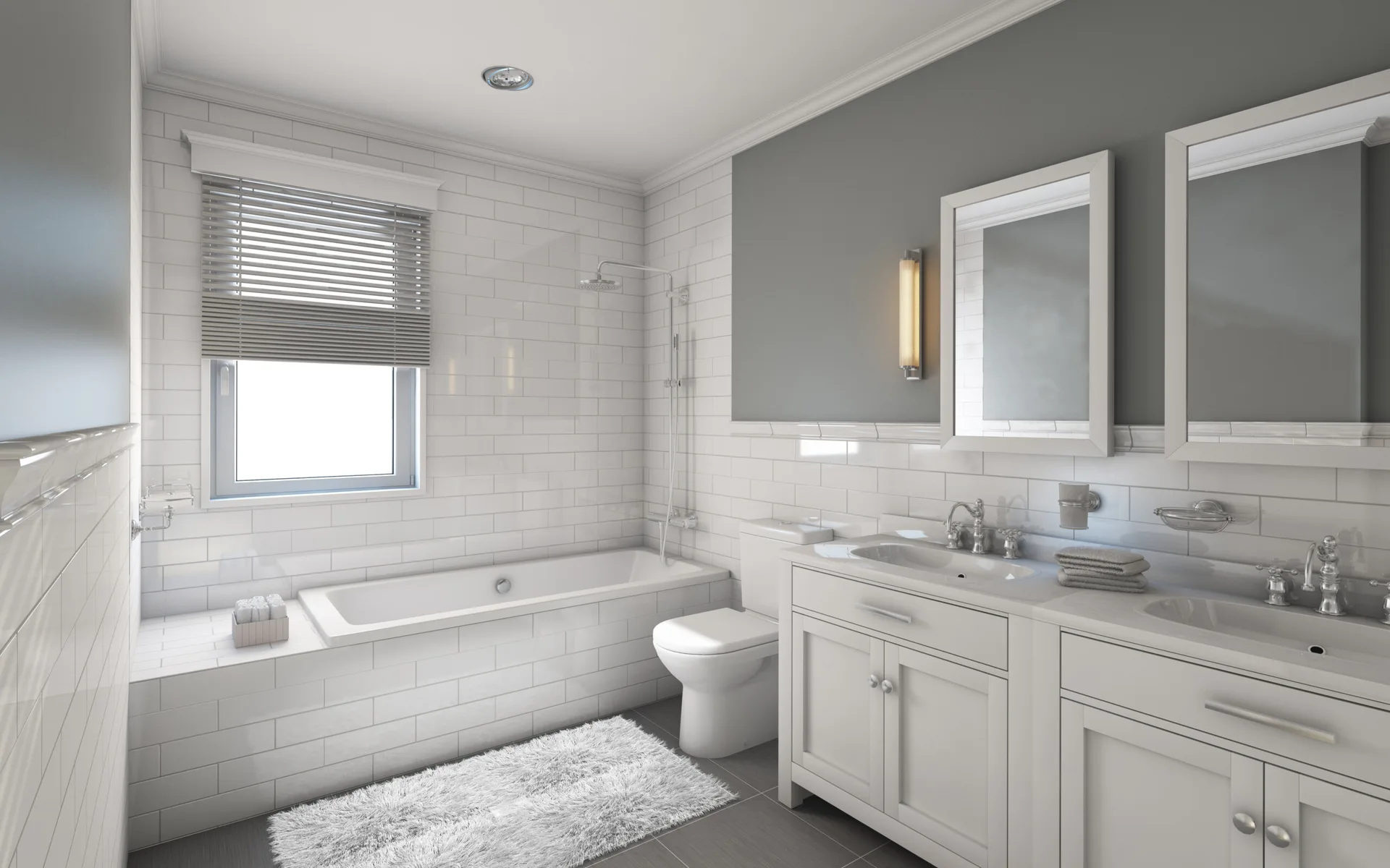 A modern bathroom with white subway tiled walls, a built-in tub, a white toilet, and a white double vanity under grey walls with two mirrors.
