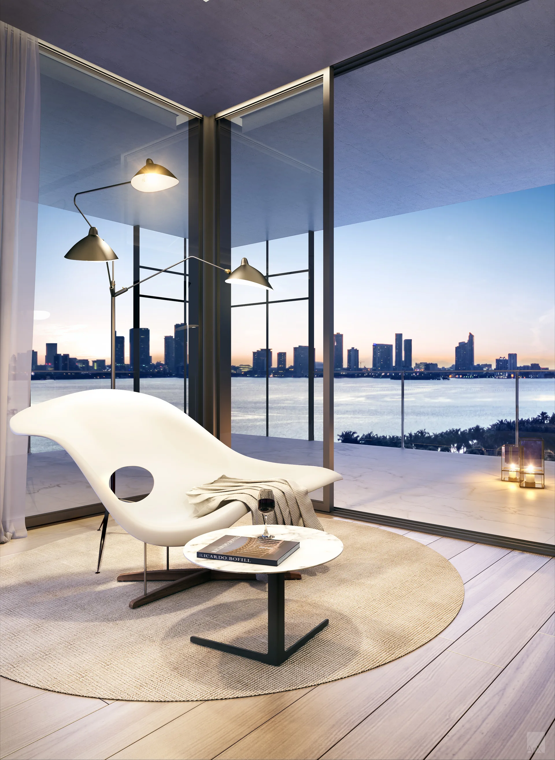 A modern lounge area with a white sculptural lounge chair, round marble side table, and three-armed floor lamp in front of corner windows.