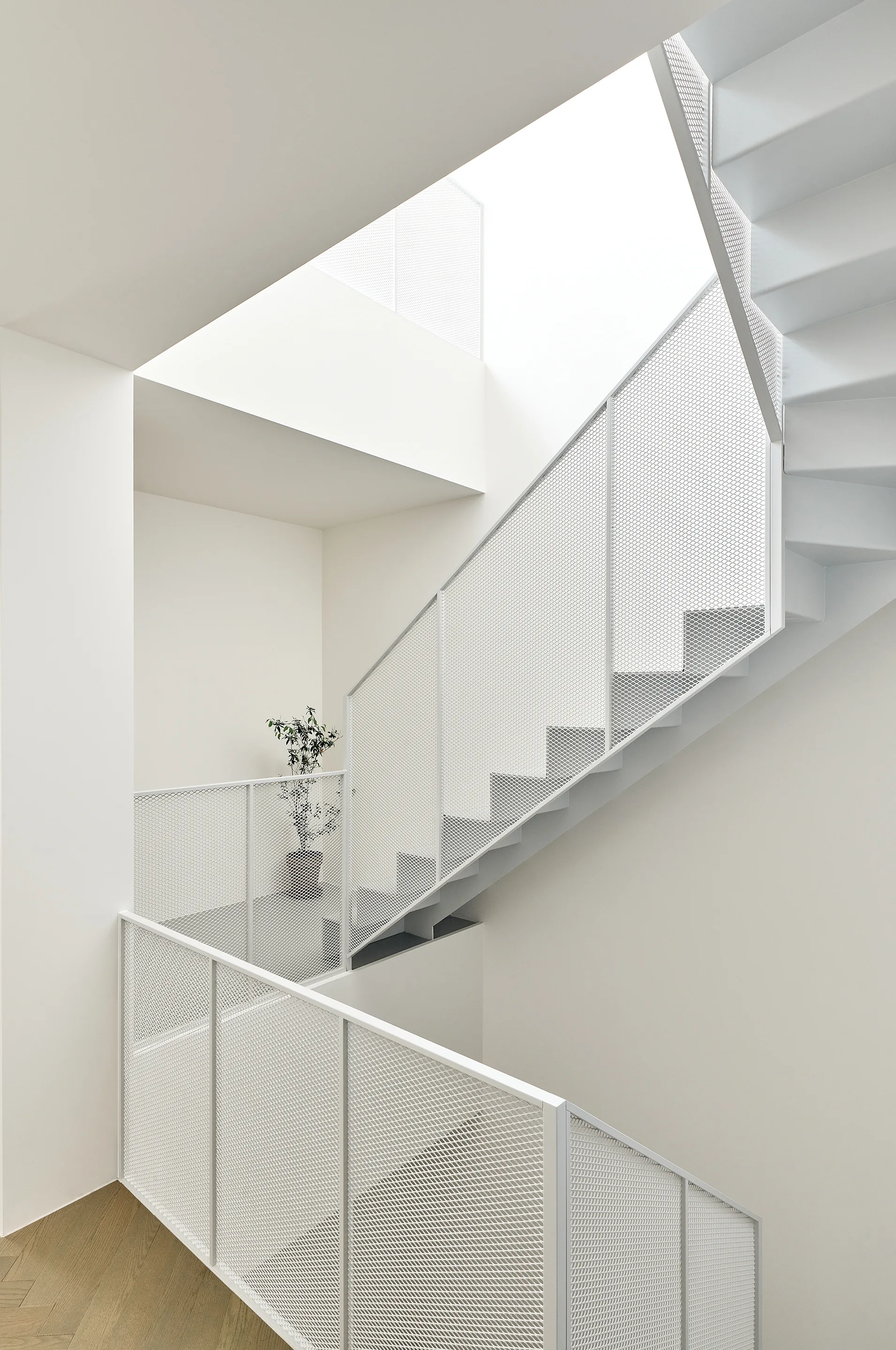 A minimalist white staircase features industrial metal mesh railings and plain white walls illuminated by natural light from above.