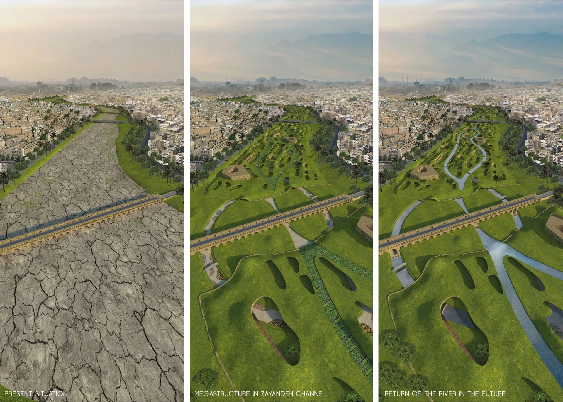 A three-part digital rendering showcases the ecological transformation of a dry urban river bed into a lush, terraced green park with winding water channels.