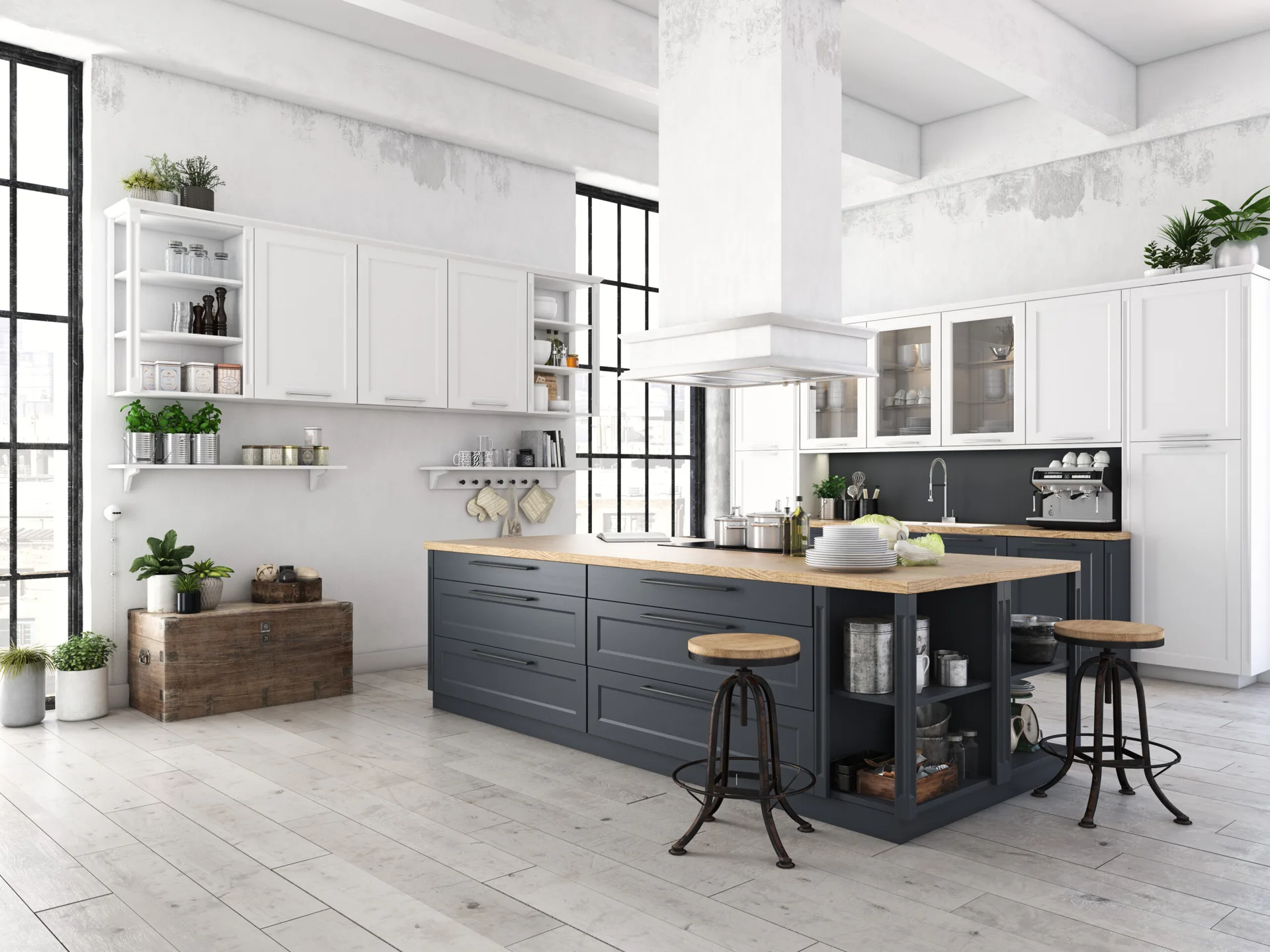 An industrial kitchen features a dark gray central island with a wood countertop, white upper cabinets, and large black-framed windows.