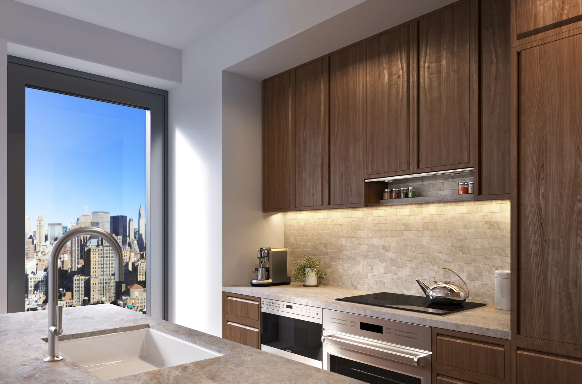 A modern kitchen features dark wood cabinets, a stone tile backsplash, an island with a sink, and a window looking out onto a city skyline.