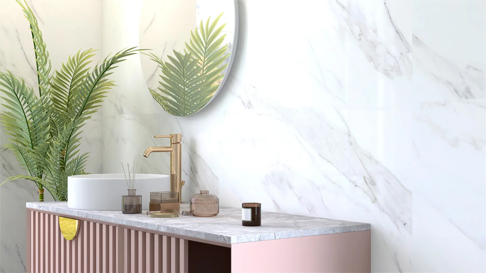 A bathroom vanity features a dusty pink slatted cabinet, a white marble countertop, a modern gold faucet, and a round wall mirror.