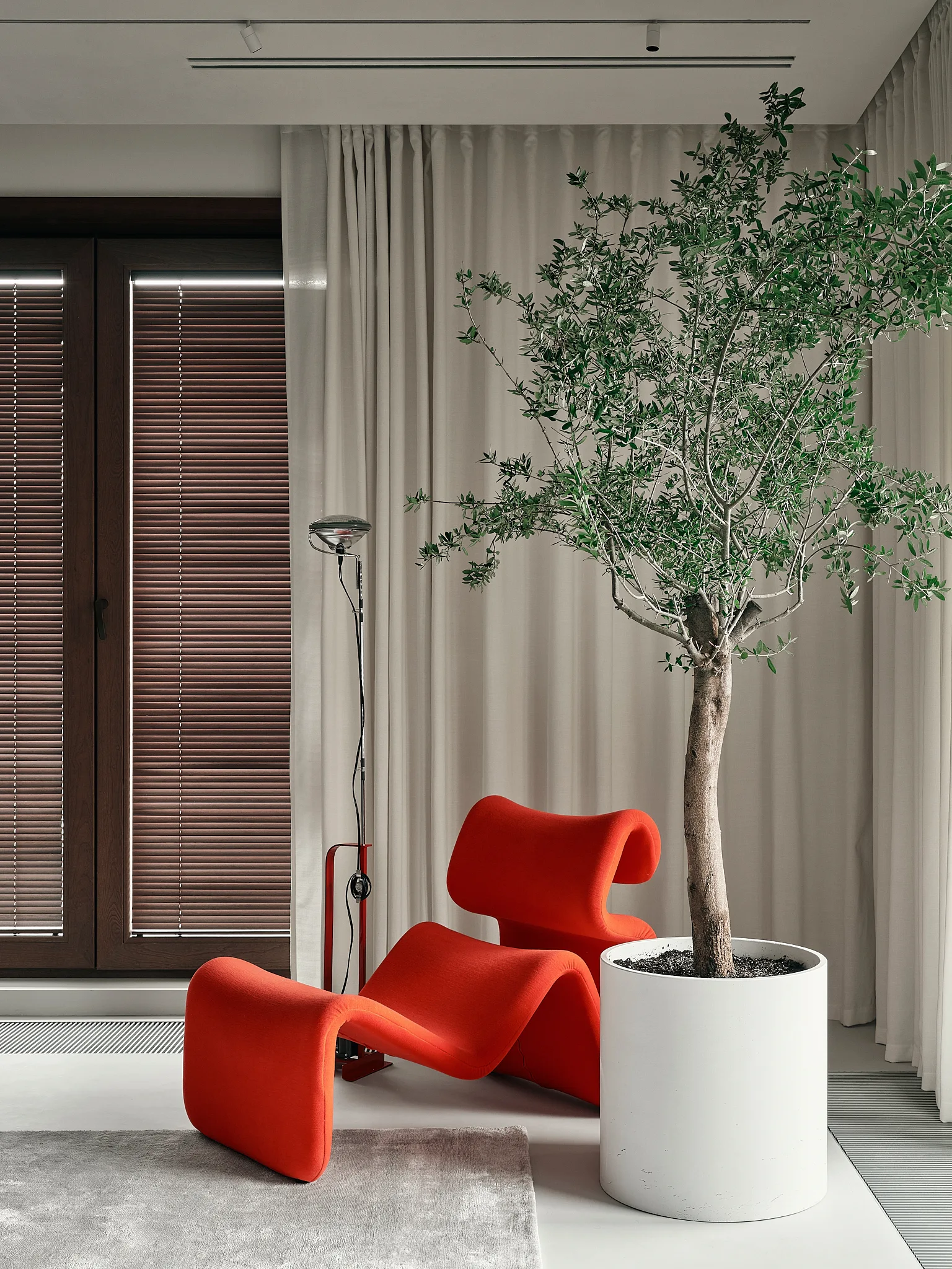 A bright red curvy lounge chair sits next to a large potted olive tree in front of beige curtains and a window with blinds.