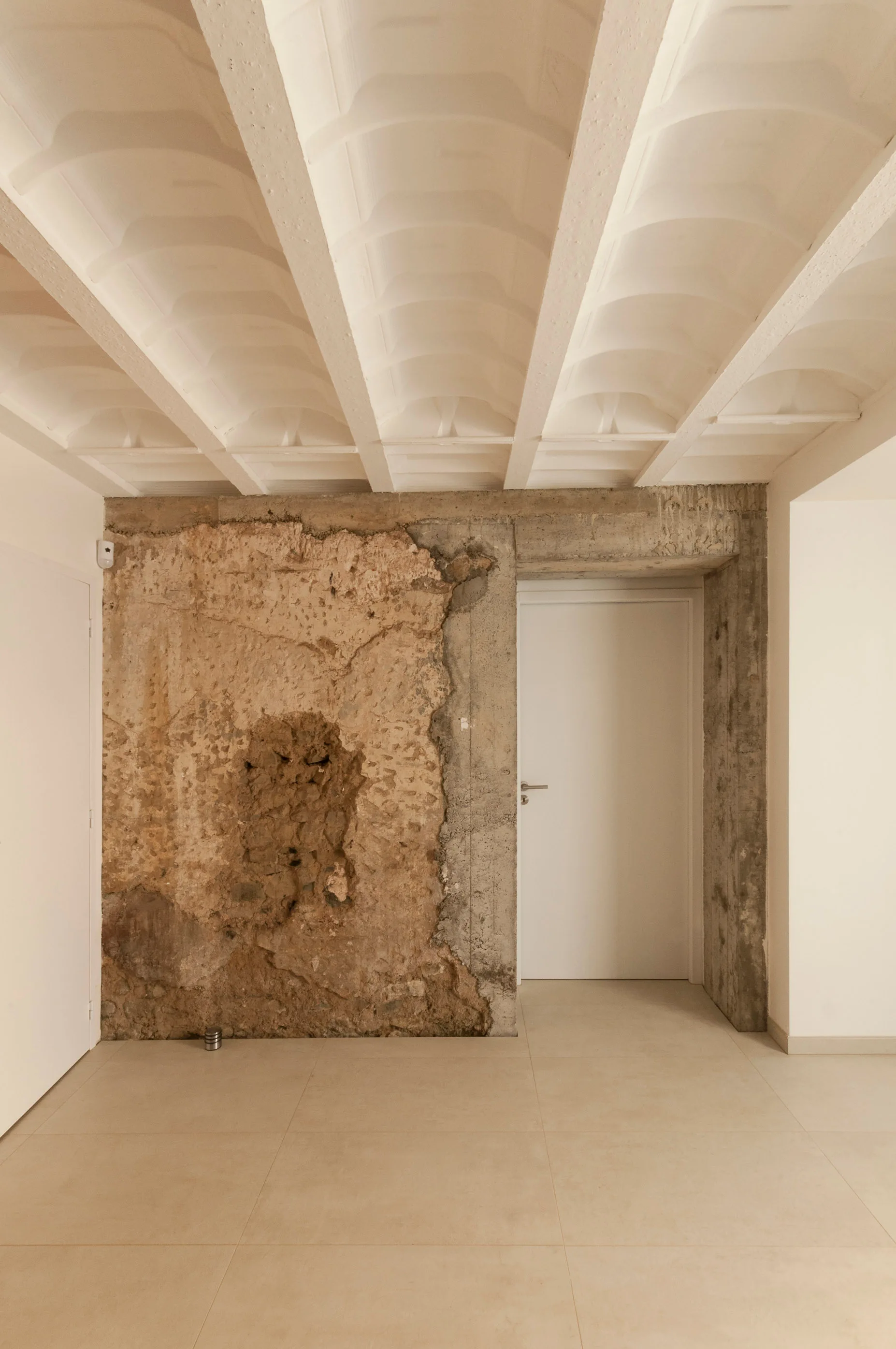 A minimalist room features a raw, eroded stone wall alongside a white modern door framed in raw concrete under a white vaulted ceiling.