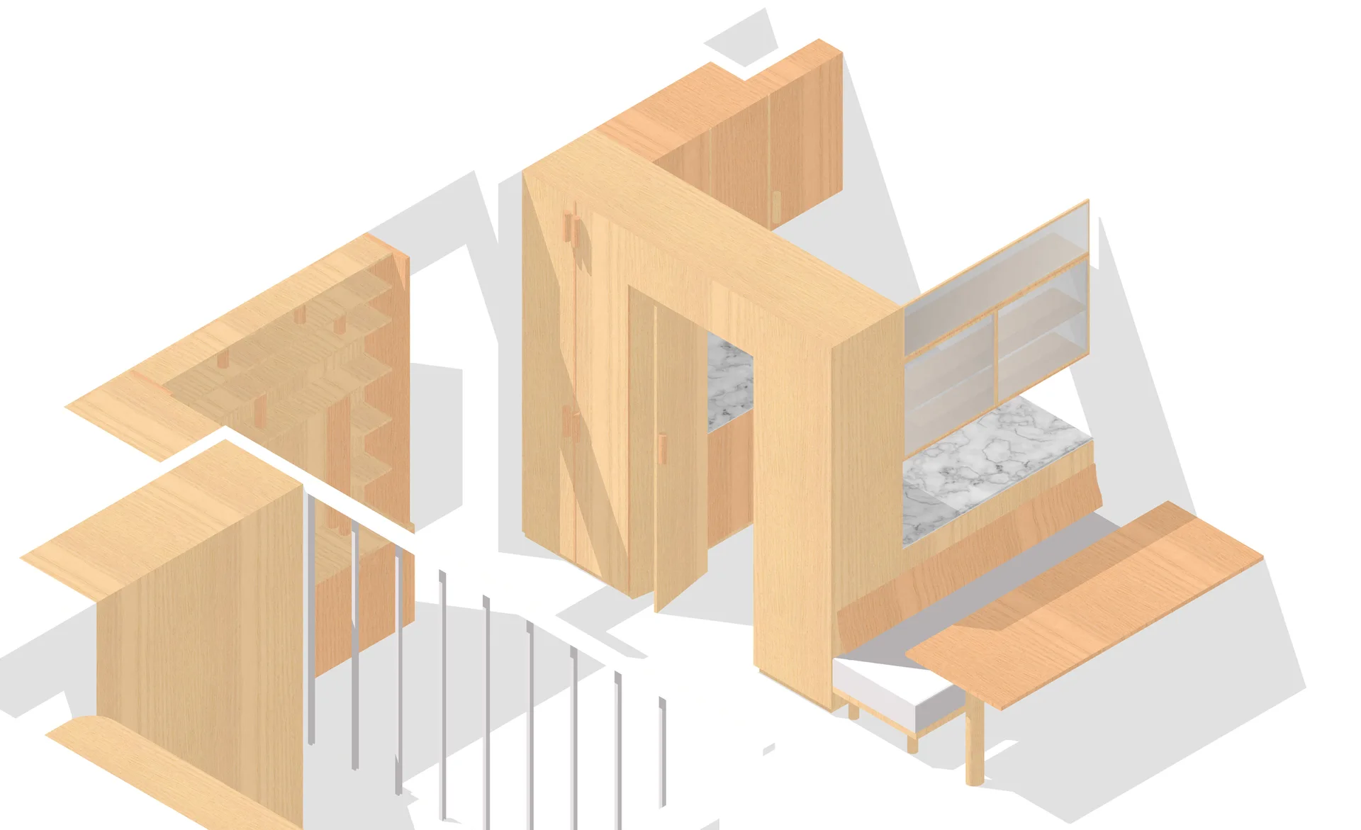 An isometric architectural render of a minimalist kitchen featuring light wood cabinets, white marble countertops, and an integrated dining table.