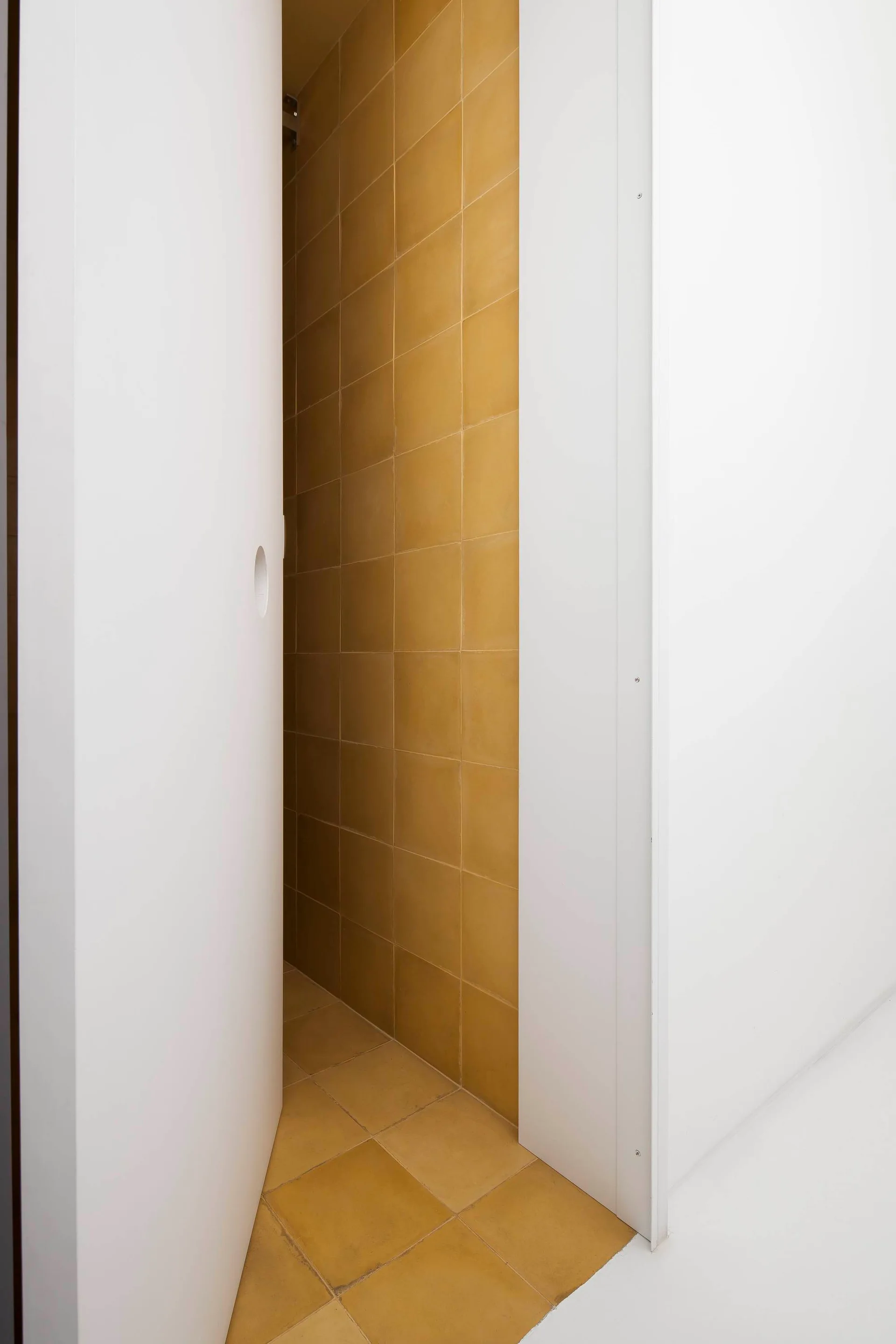 A minimalist white wall with a partially open flush door revealing a narrow alcove lined in mustard yellow square ceramic tiles.