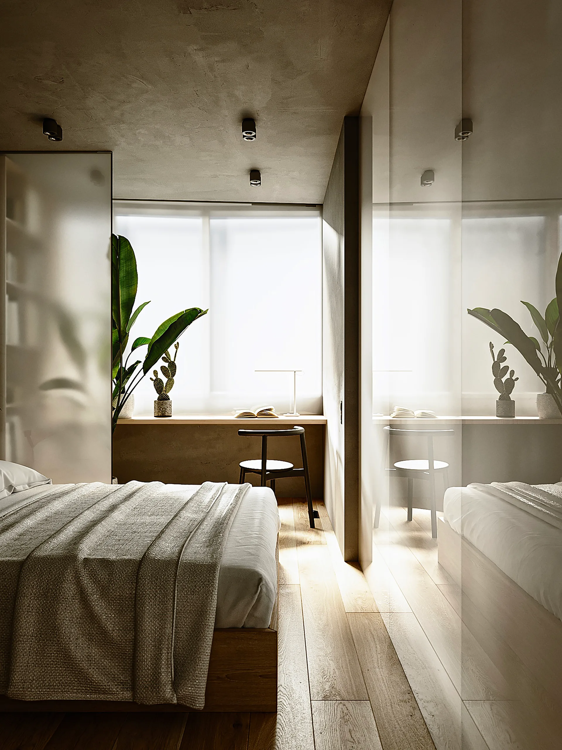 A minimalist bedroom features a low bed, a light wood built-in desk under a window, and translucent frosted glass partition walls.