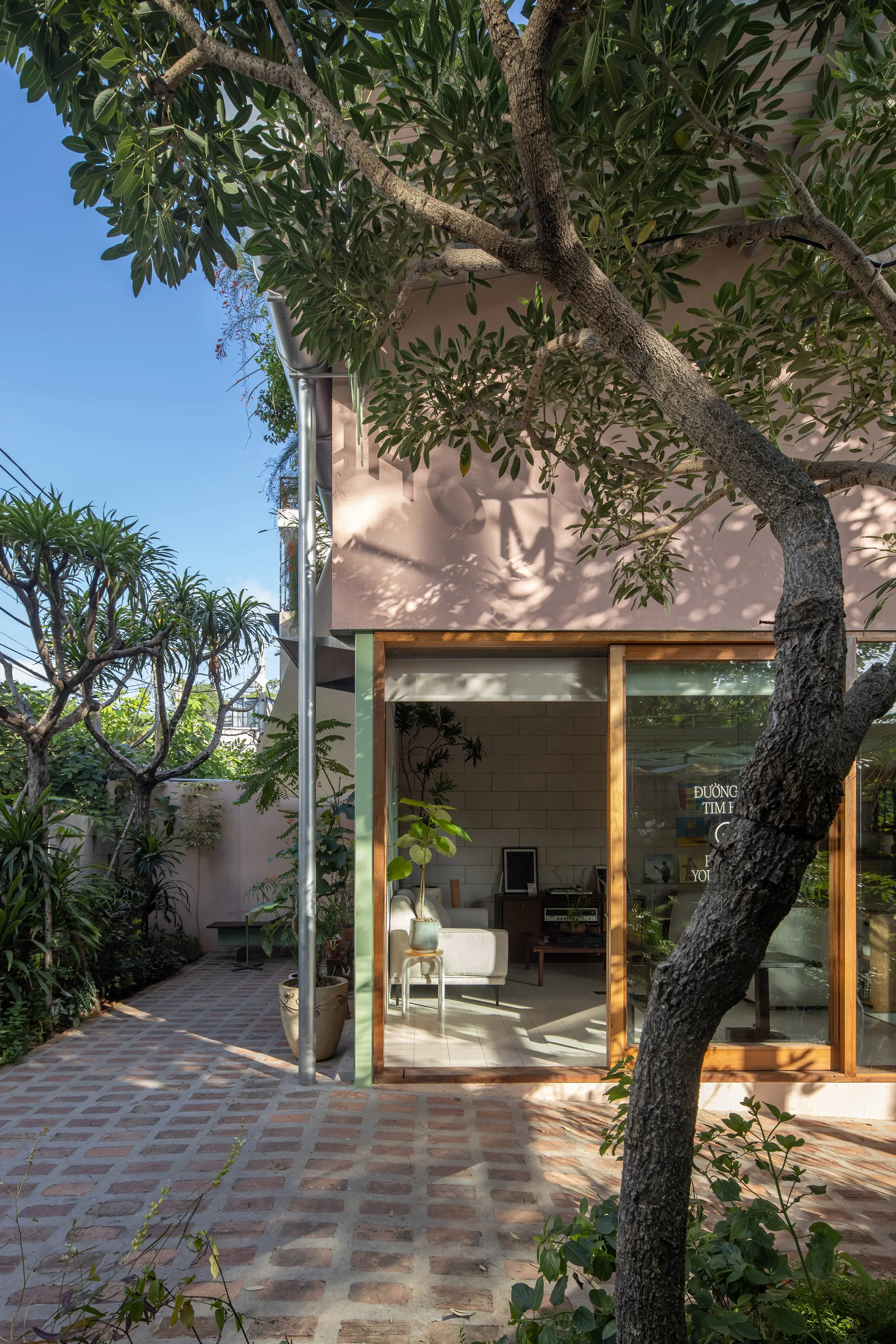 A brick paved patio with a mature tree sits next to a pink house exterior with large wood-framed sliding glass doors opening into a living room.