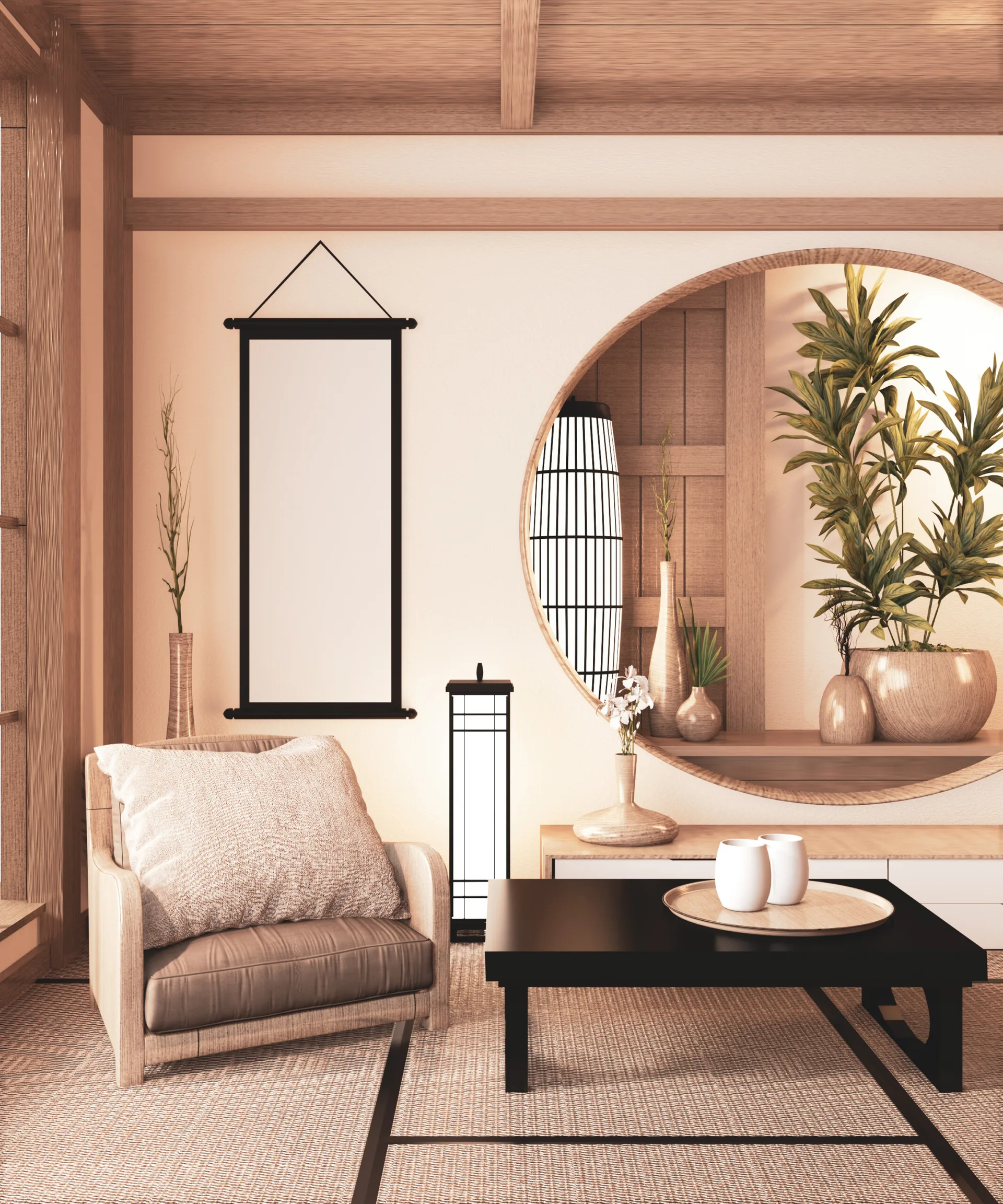 A Japandi living room featuring a low black coffee table, a wooden armchair, and a large circular wall opening decorated with plants.