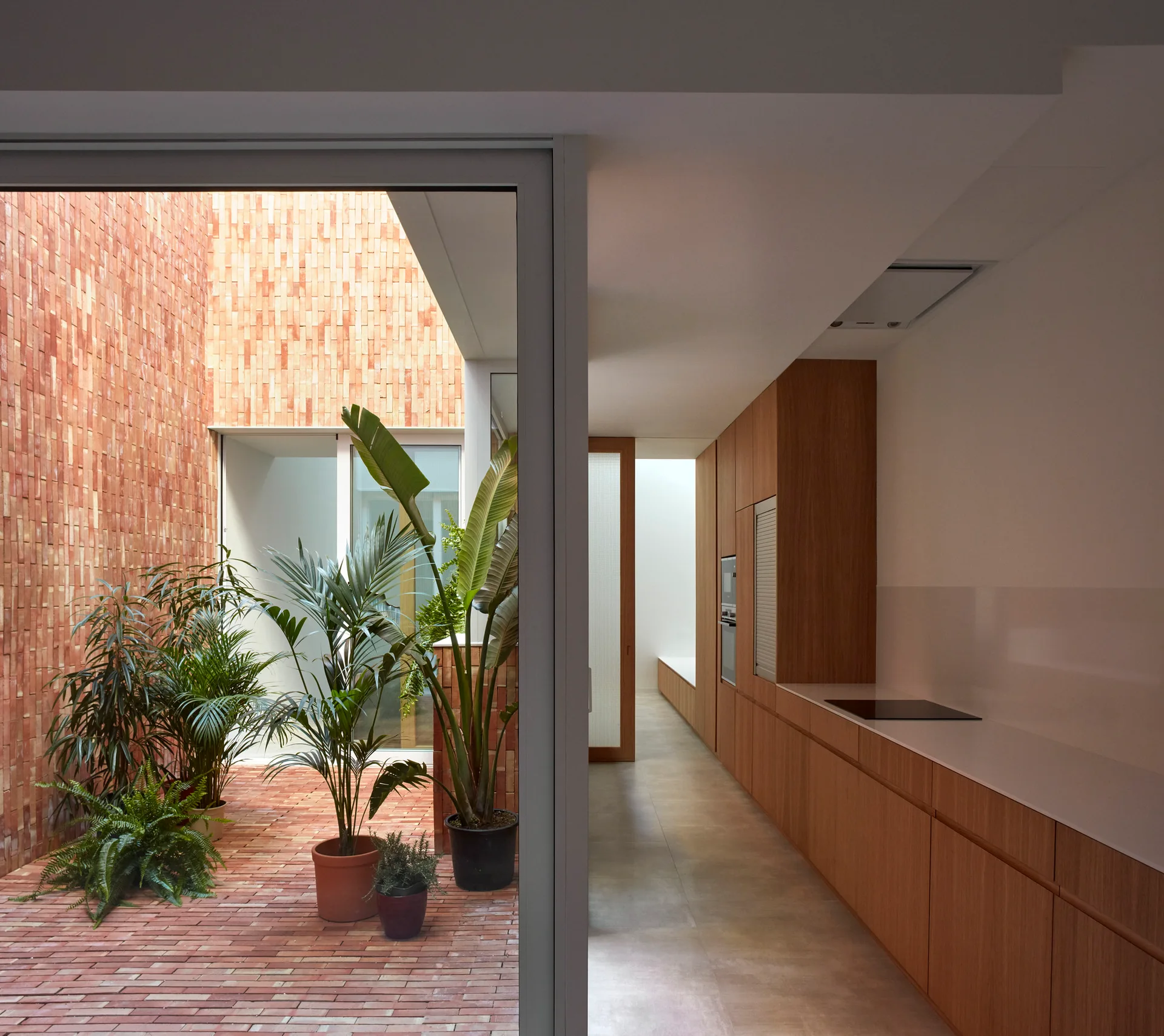 A modern kitchen with flat-panel wood cabinets faces a brick-paved courtyard containing lush green potted plants through a sliding glass wall.