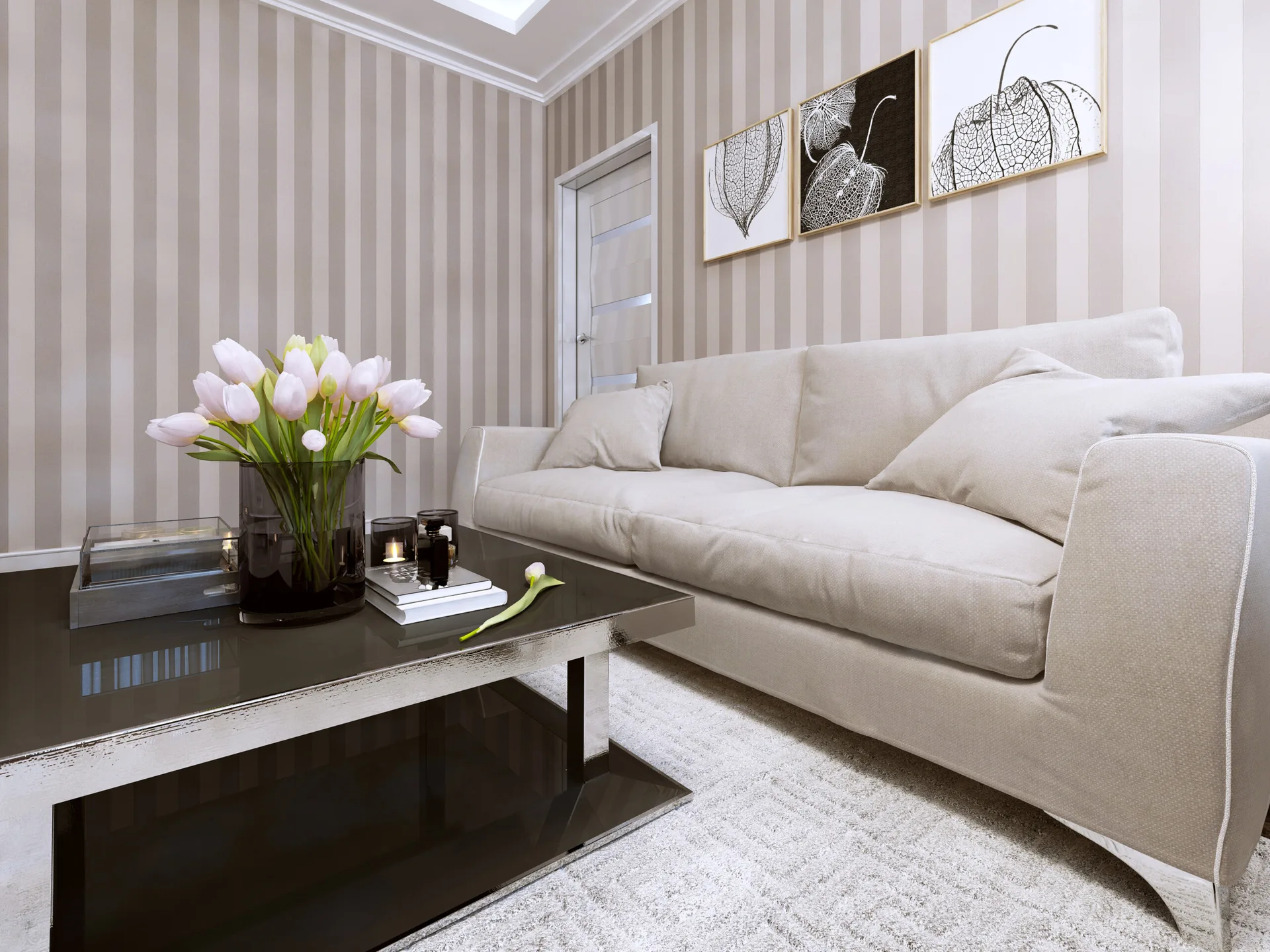 A modern living room features a light beige sofa set against striped wallpaper, with a glossy black coffee table in the foreground.