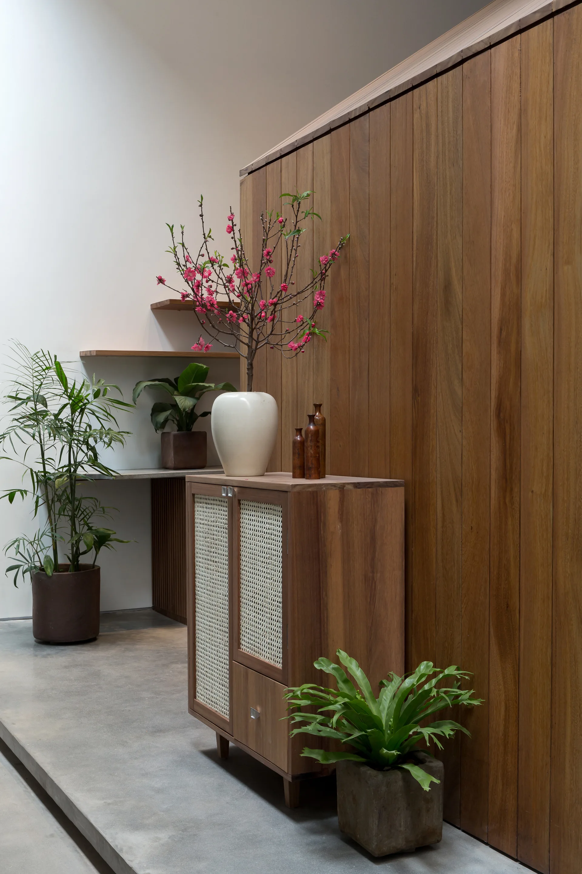 A light wood cabinet with woven cane door panels sits against a vertical wood slat wall next to green potted plants and pink blossoms in a vase.