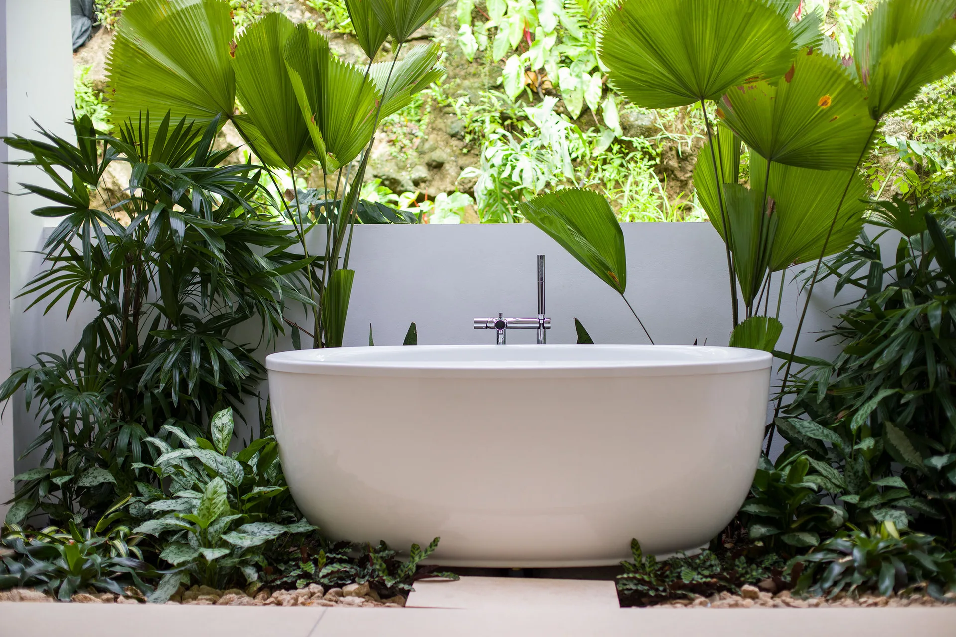 A white freestanding bathtub sits surrounded by lush green tropical plants in front of a gray wall.