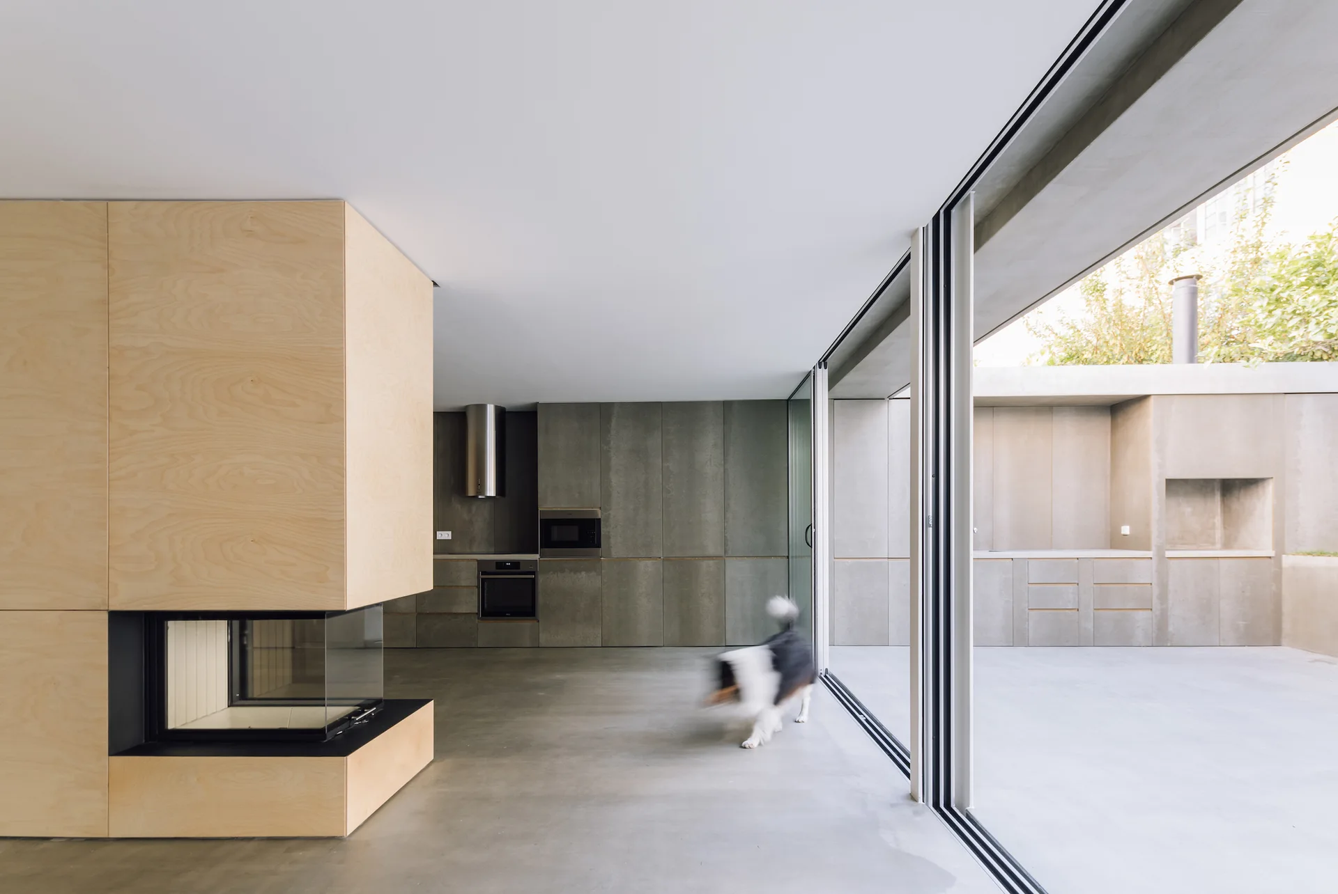 A minimalist kitchen features a light wood plywood fireplace, gray concrete cabinetry, and sliding glass doors opening to a concrete patio.
