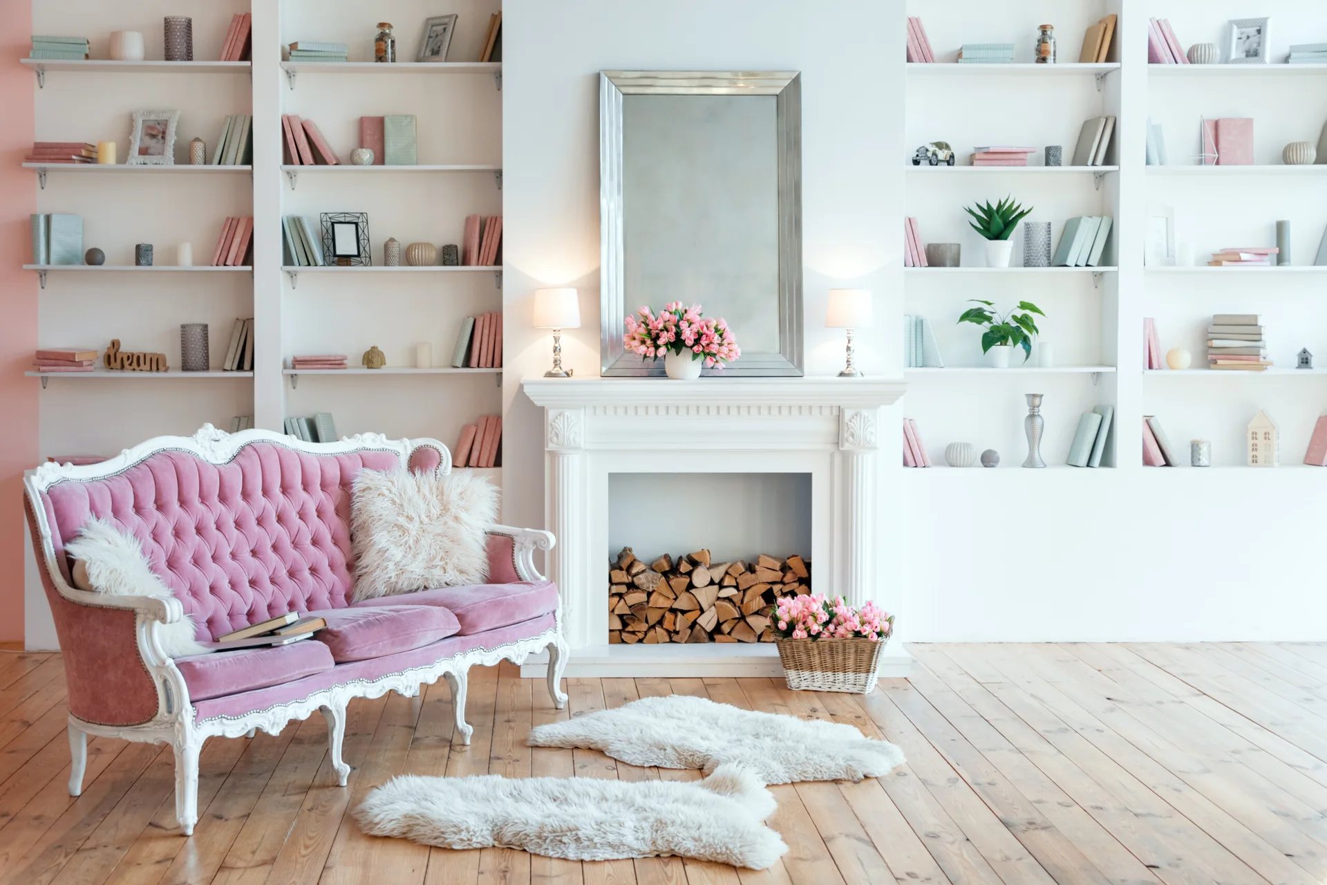 A pink tufted settee sits on wood floors in a white living room featuring a central fireplace and flanking built-in bookshelves.