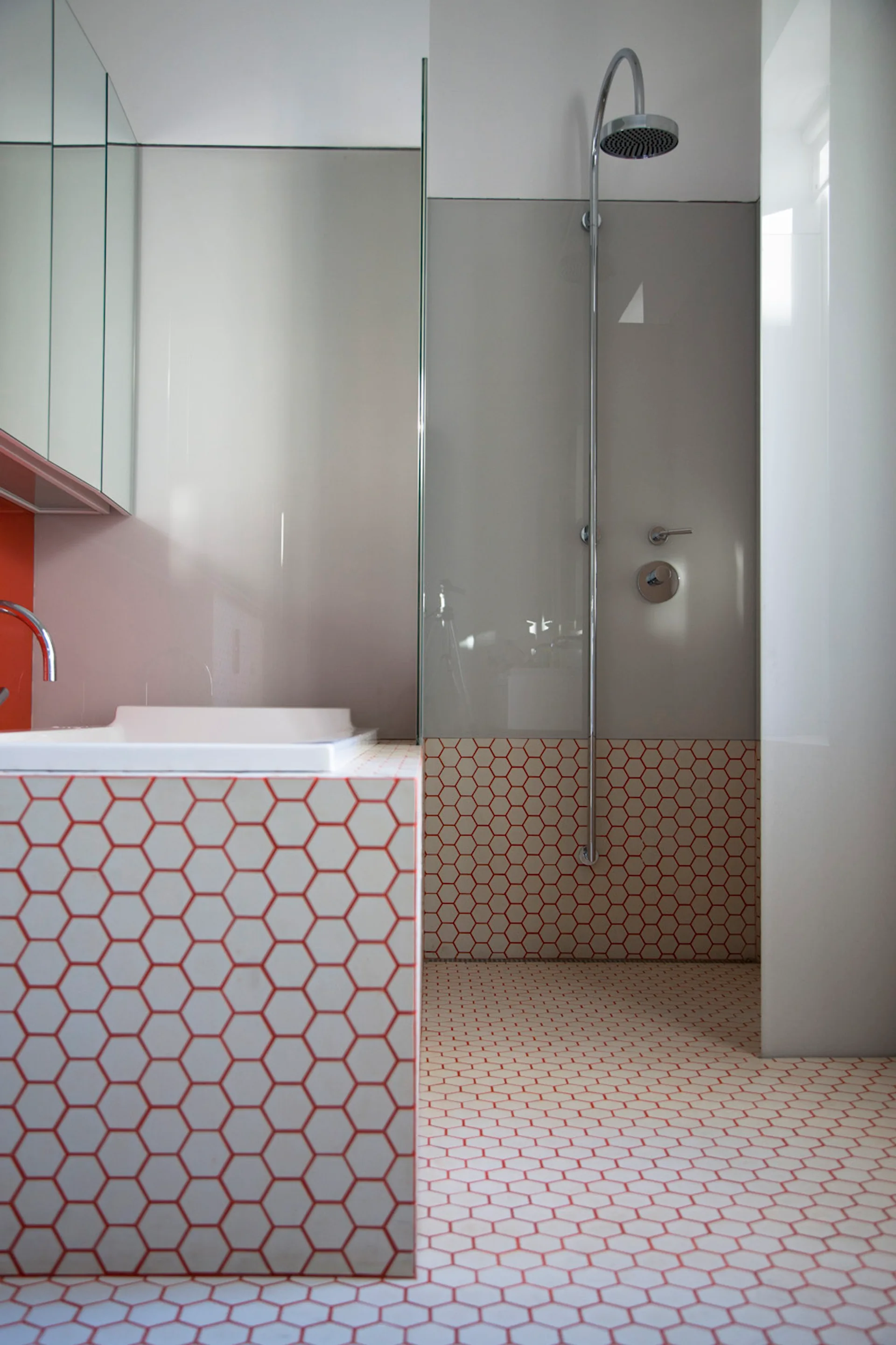 A modern bathroom features white hexagonal floor tiles with red grout, a walk-in shower with a chrome showerhead, and a mirrored cabinet.