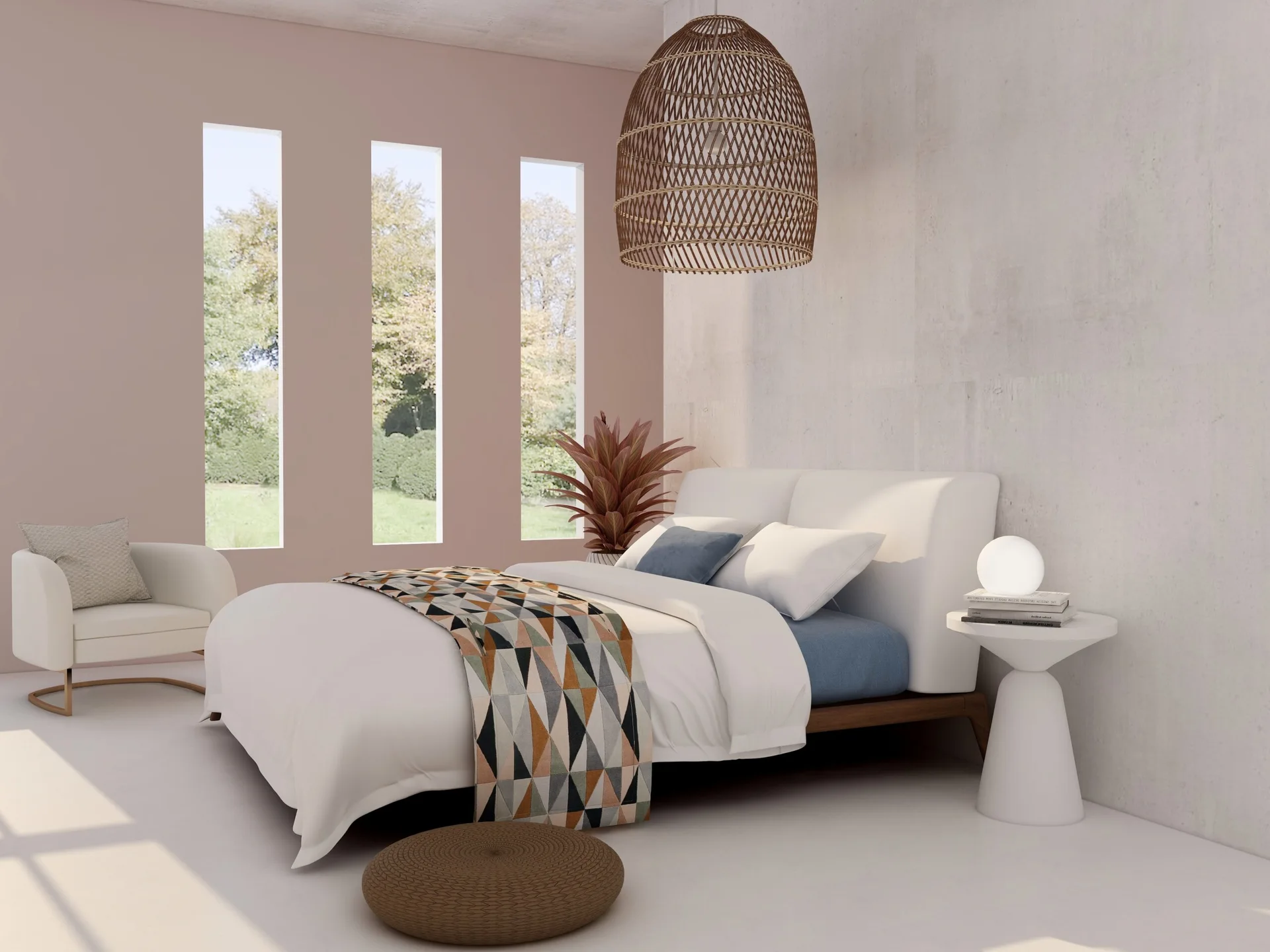 A minimalist bedroom featuring a white upholstered bed, three tall narrow windows, a woven dome pendant light, and a blush pink wall.