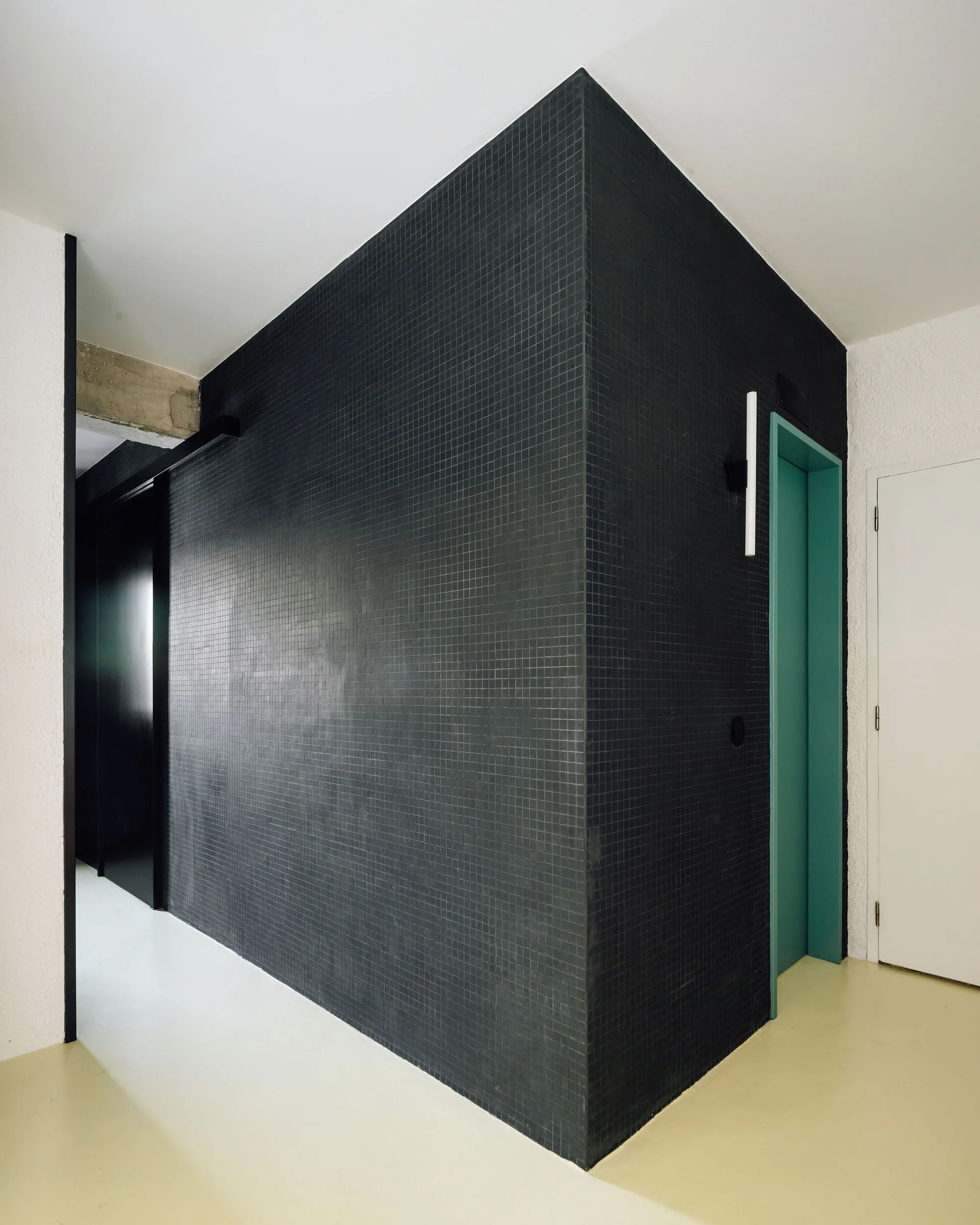 A modern hallway featuring a corner wall covered in matte black grid tiles next to a vibrant turquoise door frame and a vertical light.