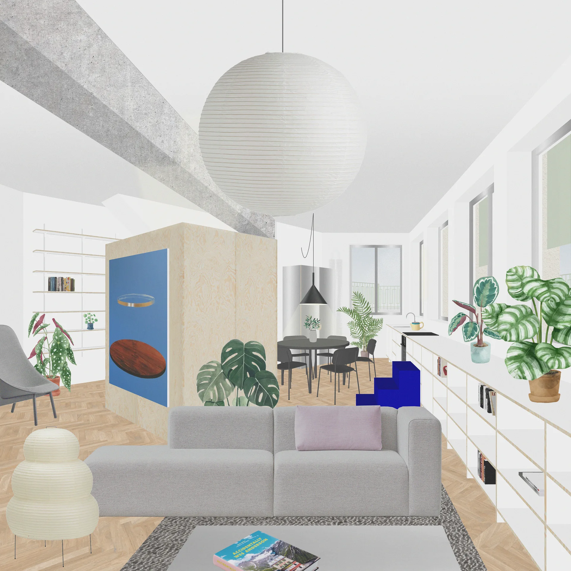 A digital rendering of an open-plan living room featuring a gray sectional sofa, a central plywood partition wall, and light wood herringbone flooring.