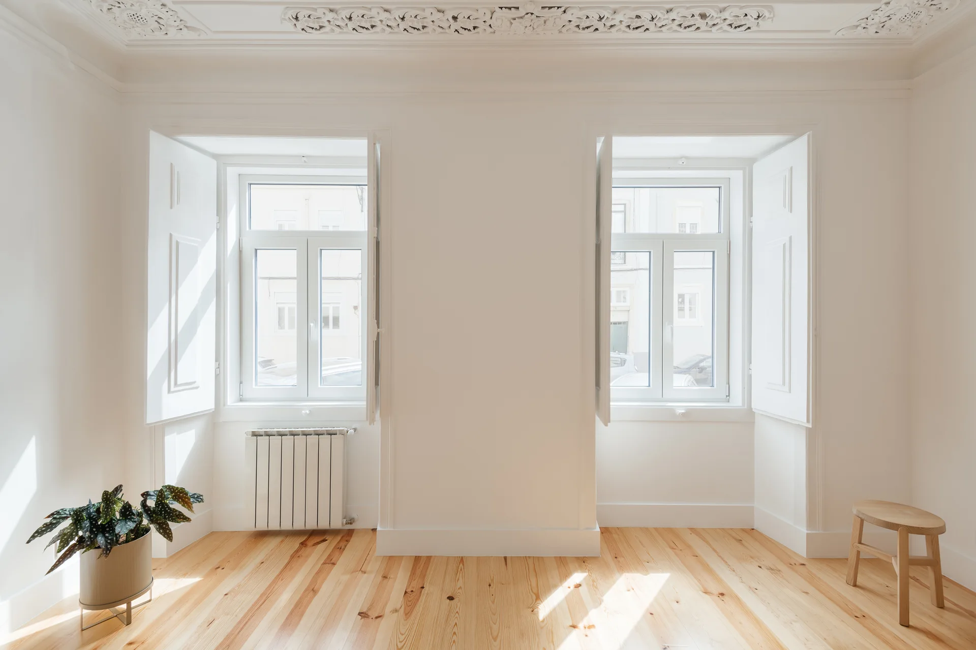 An empty white room features polished light hardwood floors, intricate ceiling crown molding, and two windows with folding wooden shutters.