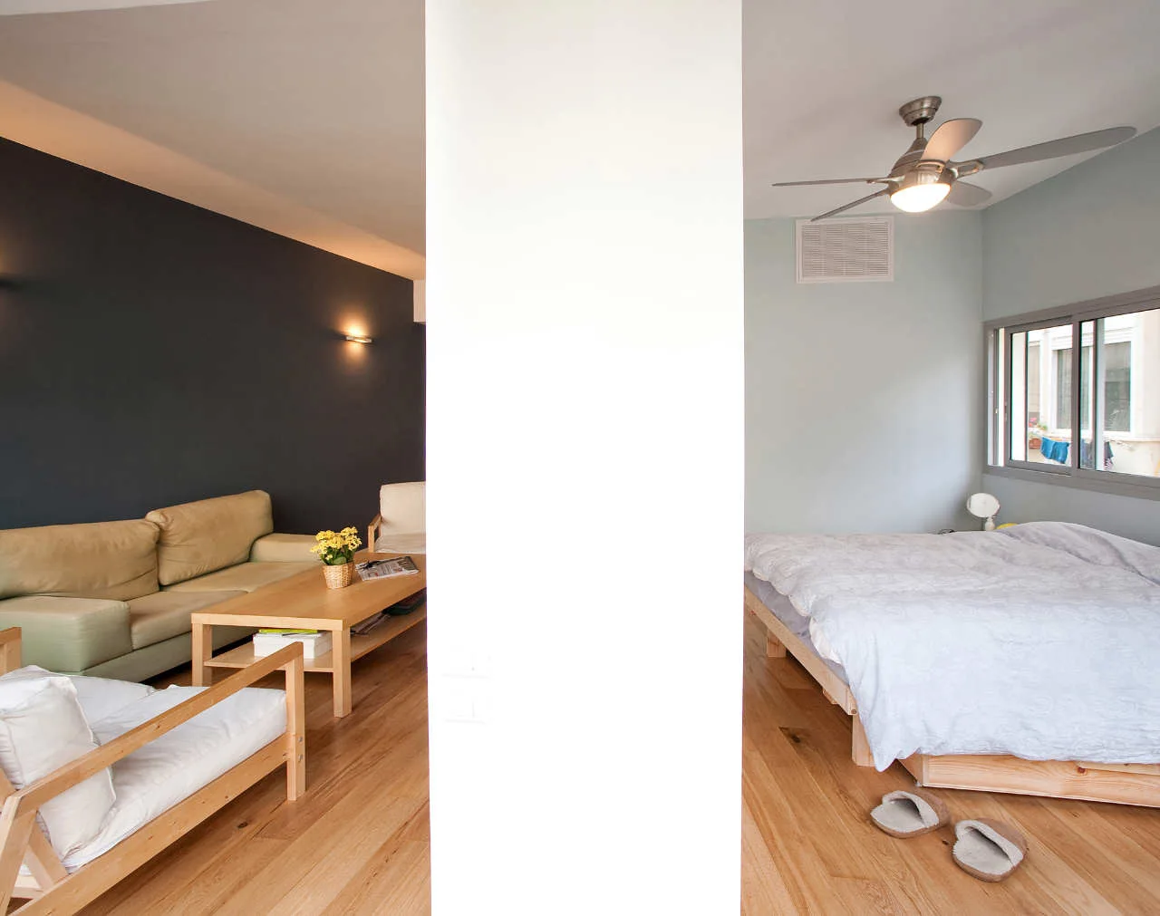 A central white partition divides a living room with a charcoal wall from a bedroom area featuring a pale blue wall and light wood flooring.