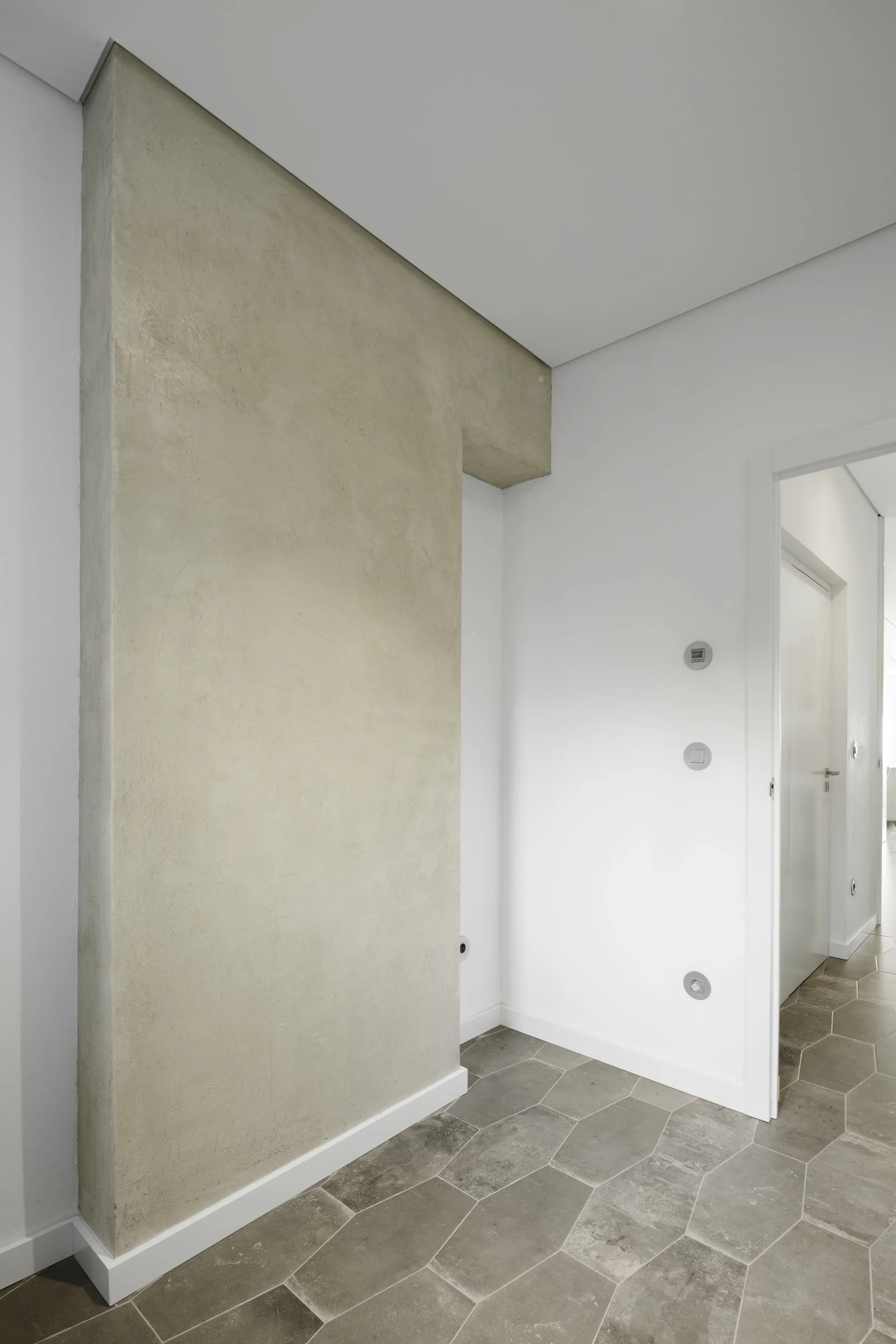 A minimalist residential hallway features a light gray textured plaster accent wall and gray hexagonal floor tiles.