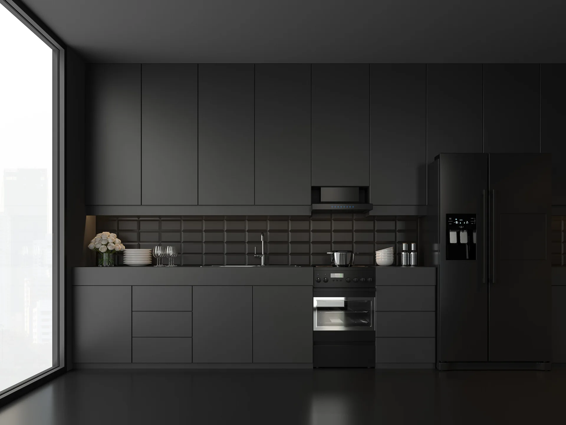 A modern kitchen features matte black cabinetry, a matching refrigerator and oven, a dark textured subway tile backsplash, and a large window.