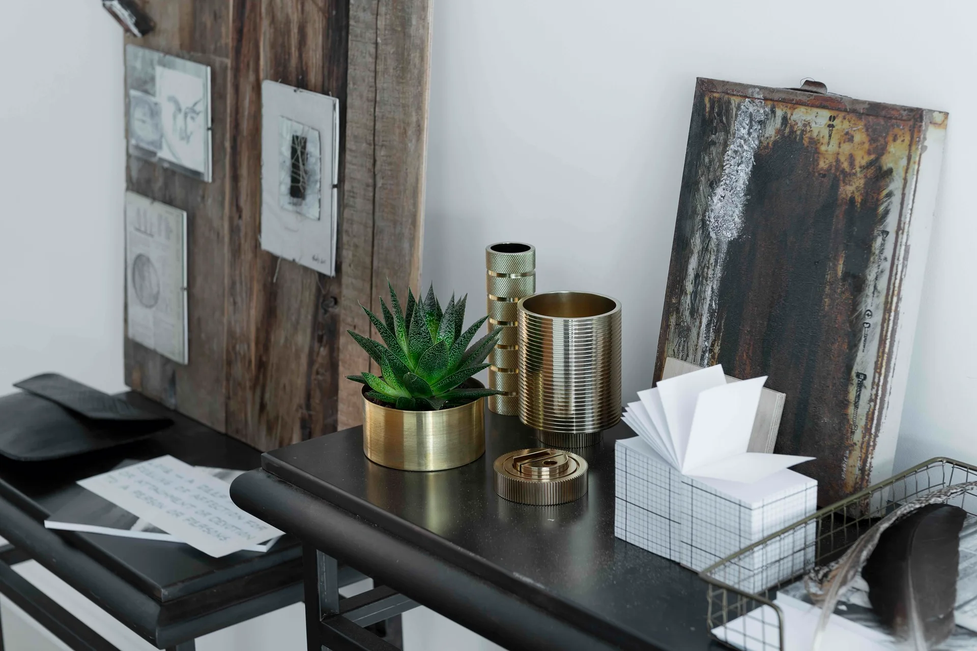 A green succulent in a gold planter rests on a black console table beside ribbed gold vases and rustic leaning wall art.