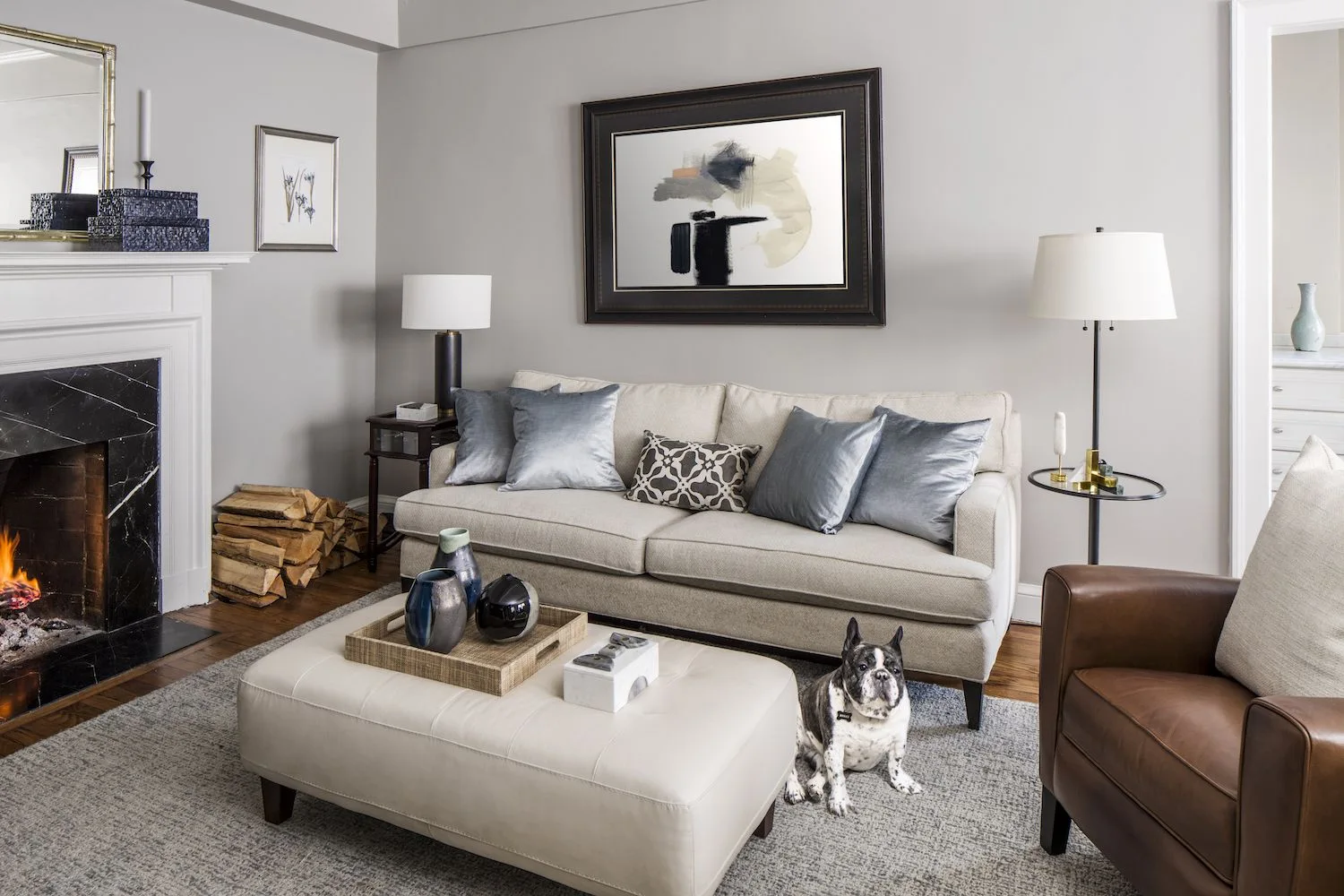 A transitional living room features a beige sofa, a large leather ottoman, a black marble fireplace, and a small dog sitting on a gray rug.