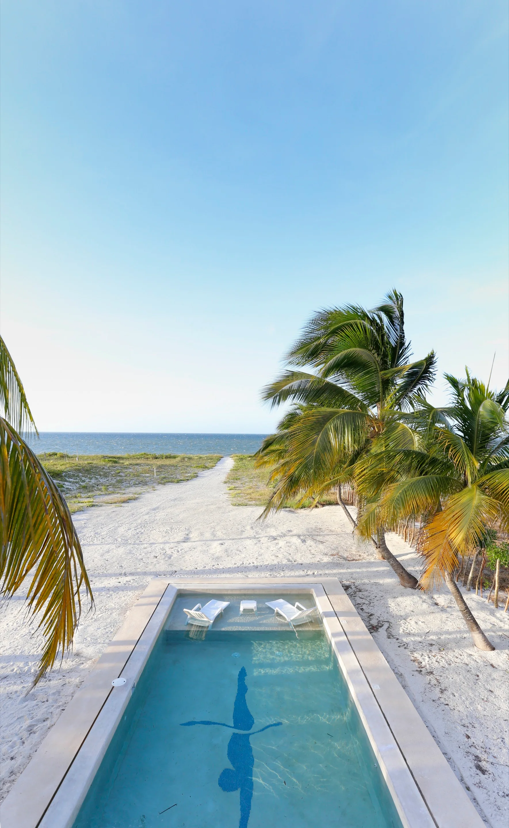 A rectangular pool with submerged white lounge chairs on a tanning ledge sits on a sandy beach surrounded by palm trees.