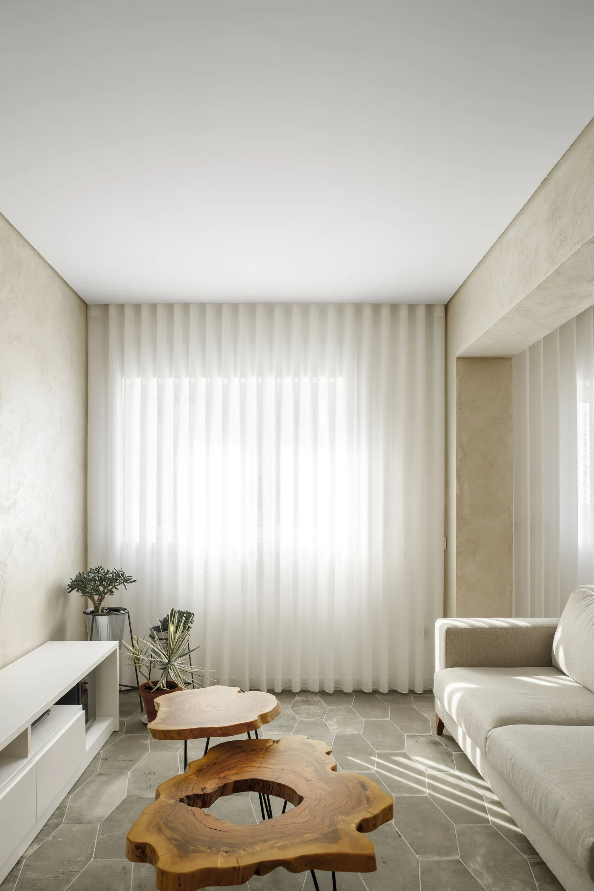 A minimalist living room features a beige sofa, two live-edge wood slab coffee tables, and textured plaster walls above grey hexagonal floor tiles.