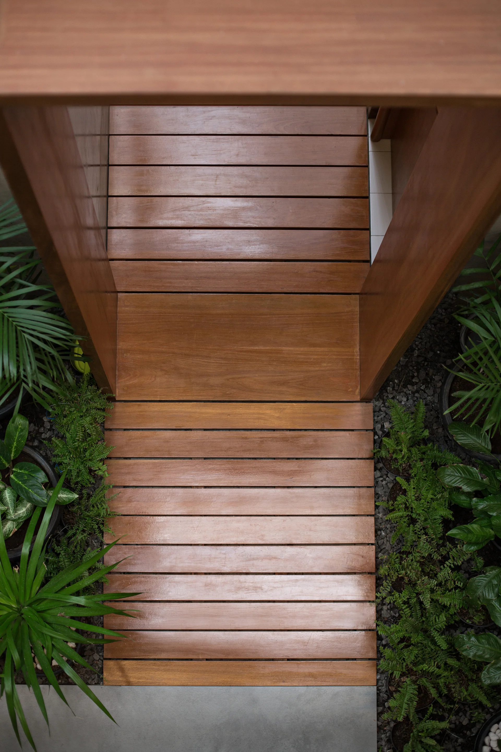A top-down view of a stained wood plank walkway flanked by green potted plants and dark gravel under a matching wooden archway.