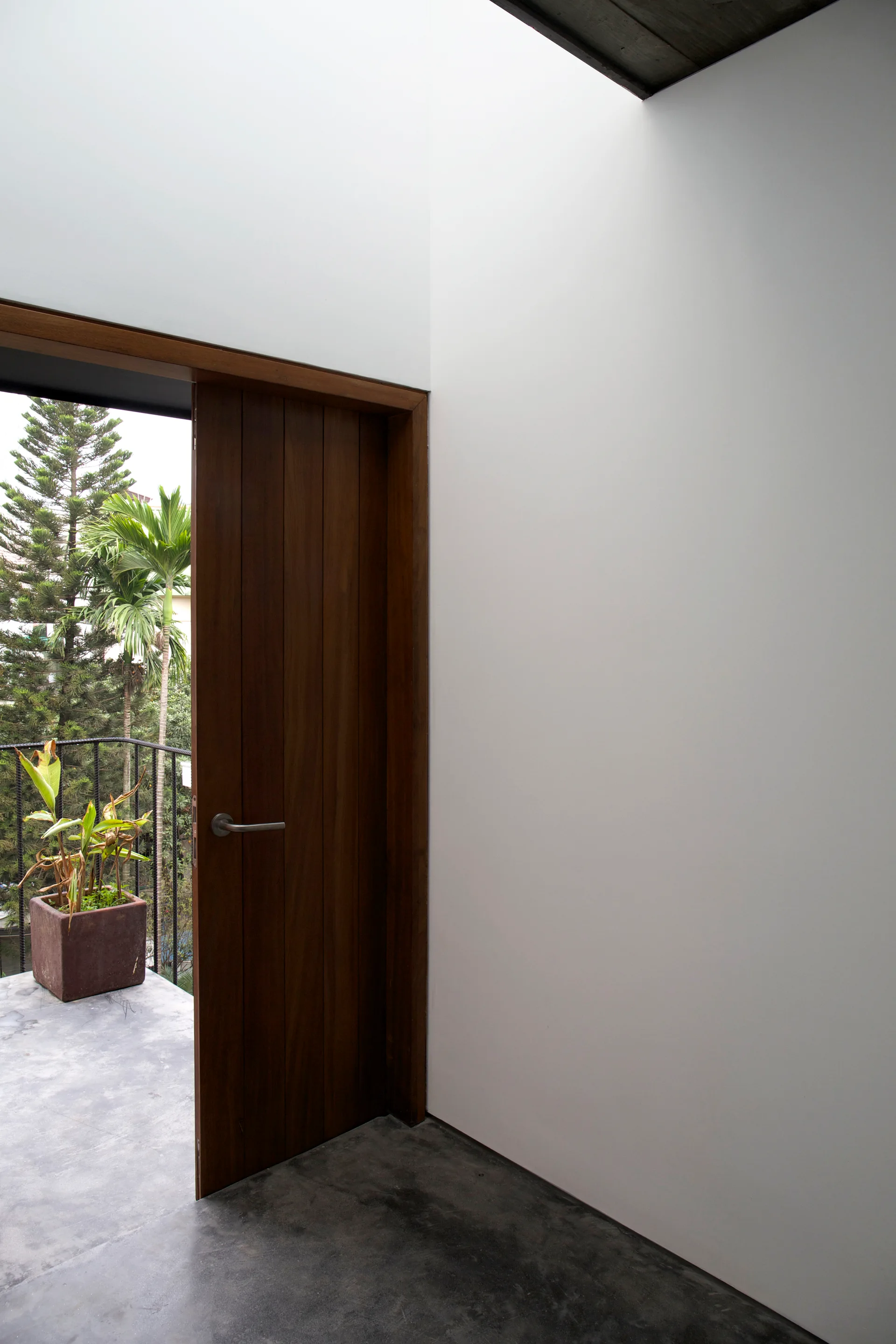 A minimalist white entryway featuring a vertical plank wood door open to a balcony with green trees.