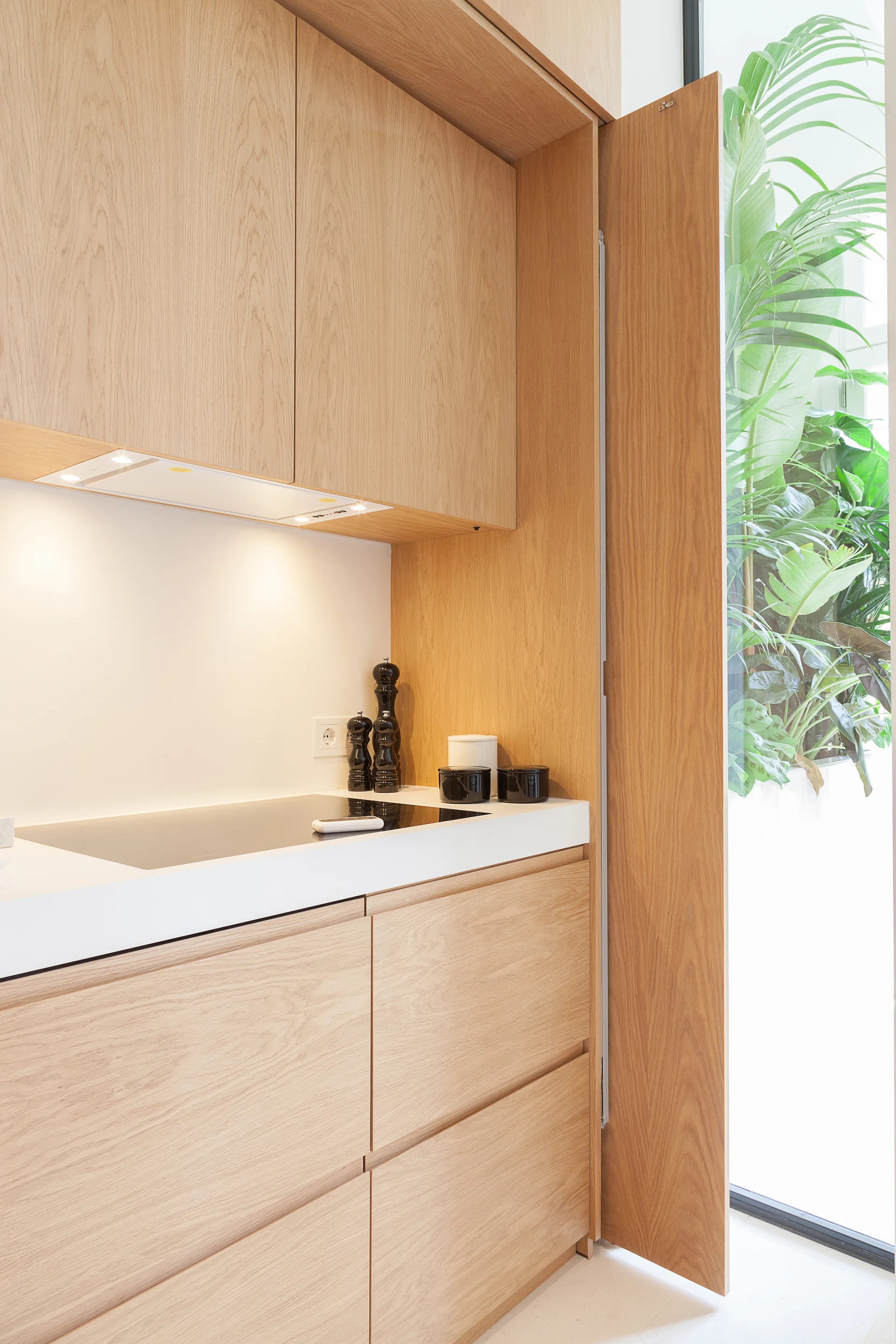 A minimalist kitchen features light wood cabinets, a white countertop with an induction cooktop, and a tall window showcasing lush green outdoor plants.