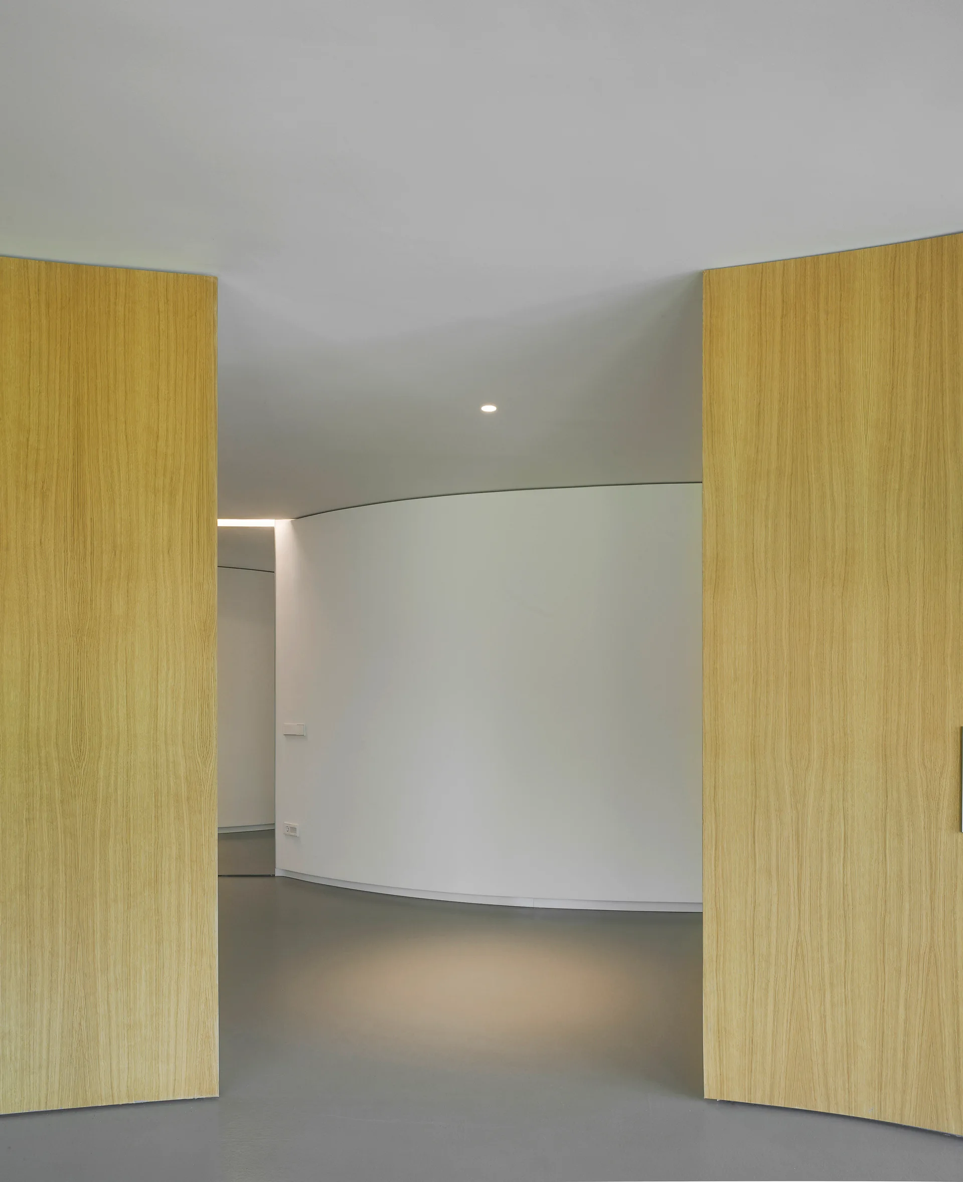 A minimalist hallway viewed through tall light wood door panels, featuring a curved white wall, grey concrete floors, and a recessed ceiling light.