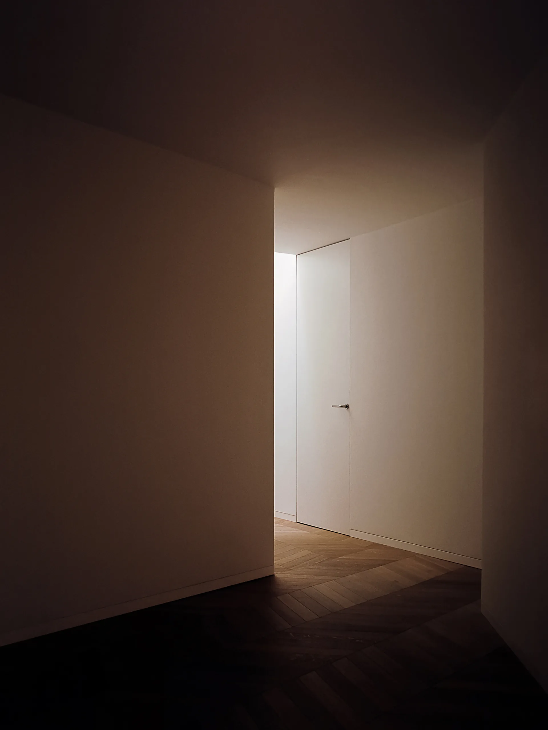 A minimalist white door stands at the end of a dark hallway featuring rich wood herringbone flooring lit by natural light.