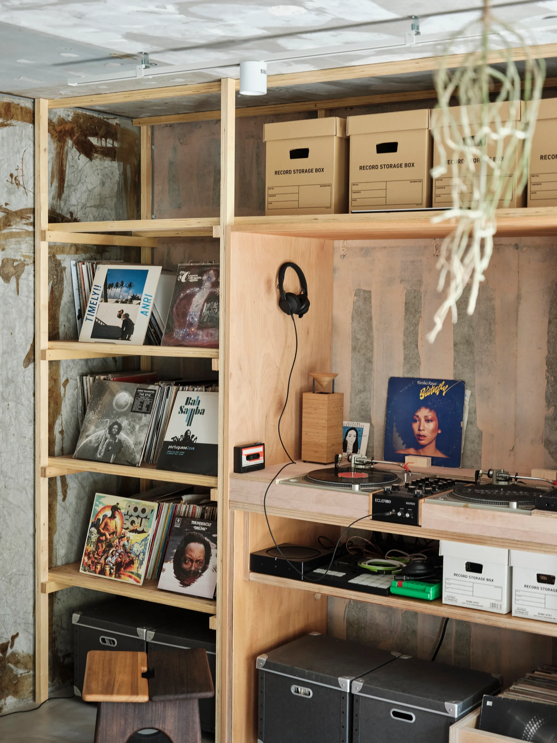 A custom plywood shelving unit filled with vinyl records and music equipment stands against a raw, mottled concrete wall.