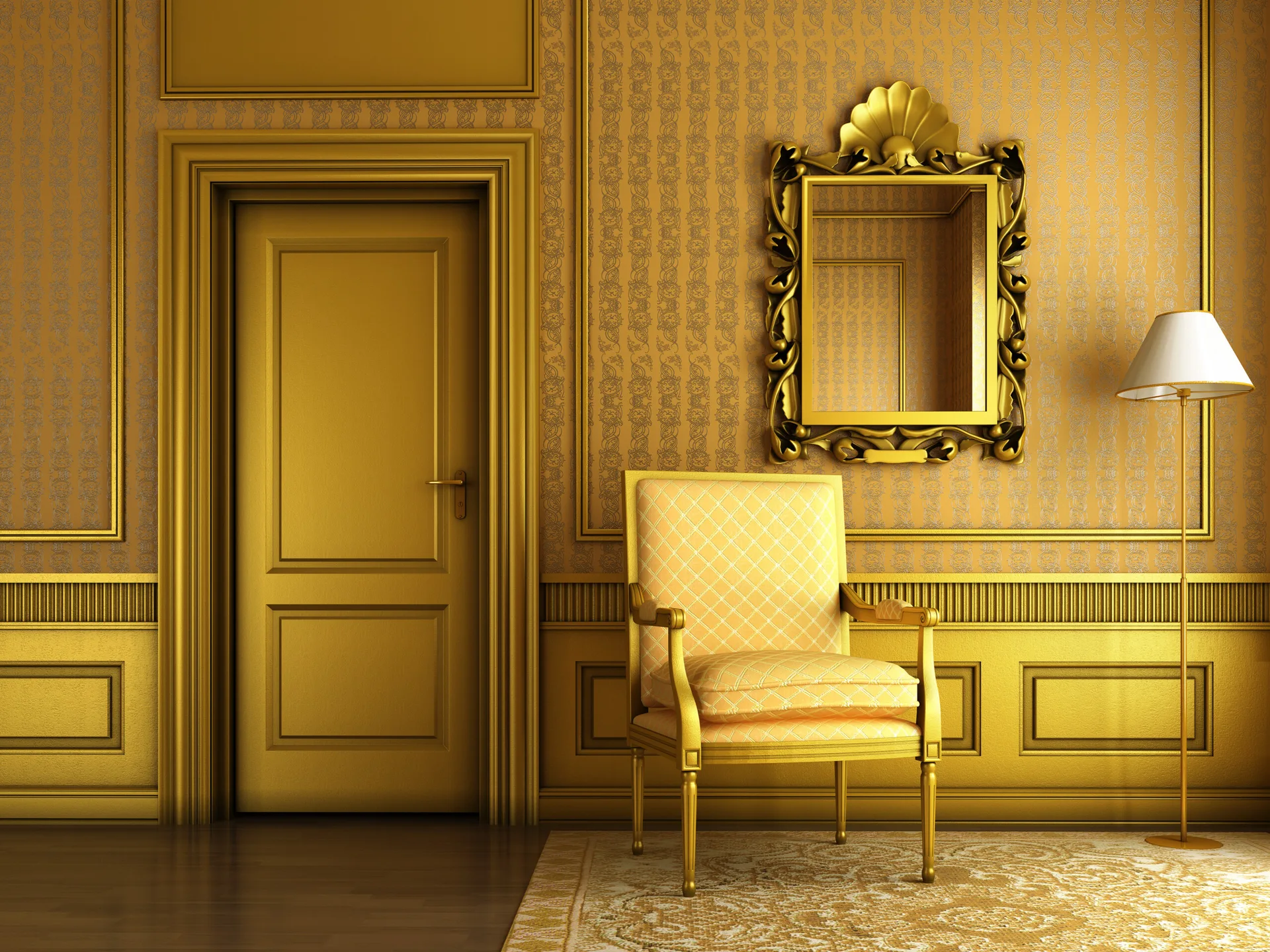 A monochromatic gold room features a quilted armchair, an ornate gilded mirror, damask wallpaper, and matching gold wall molding beside a paneled door.