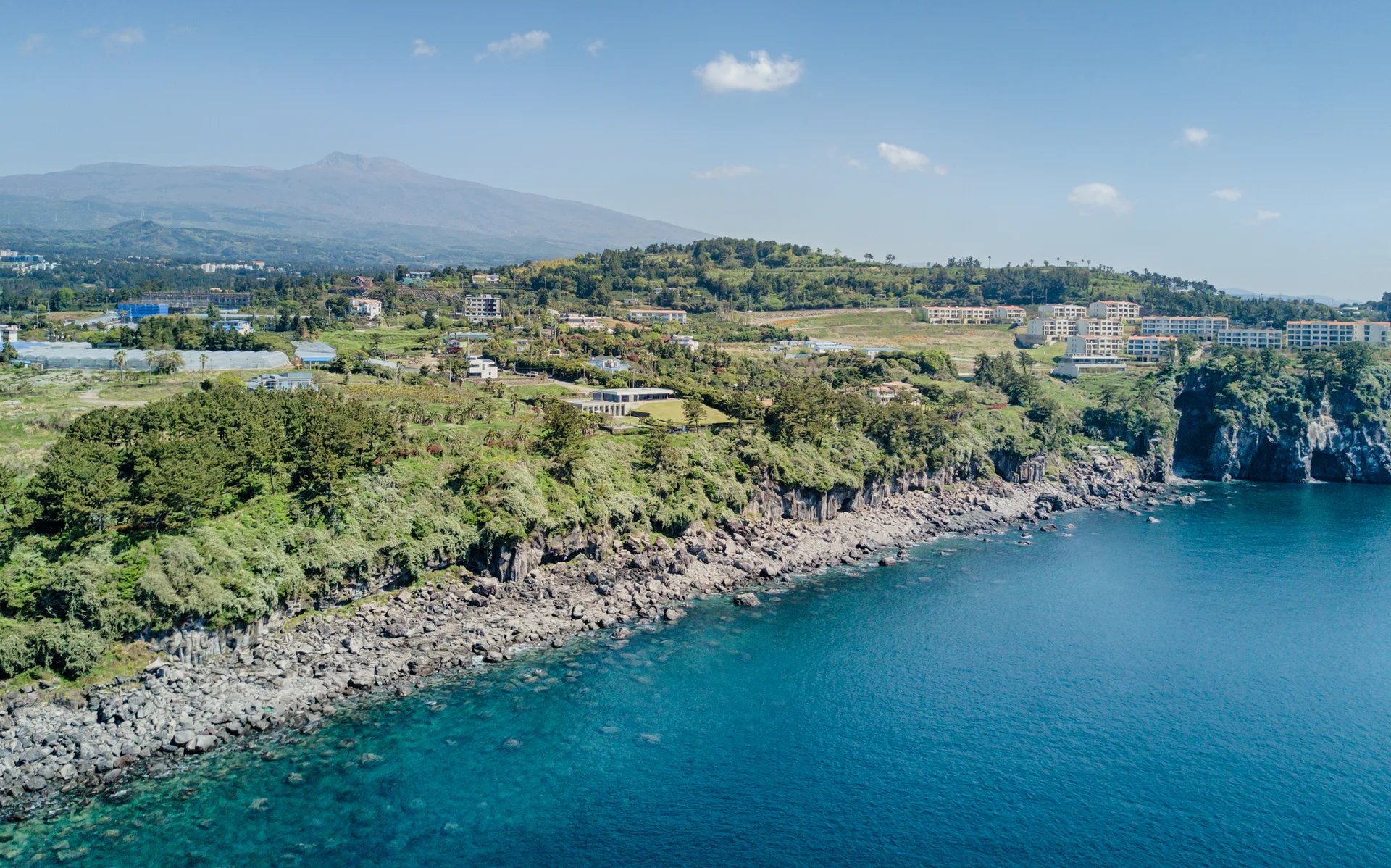 An aerial view of a rugged rocky coastline with green vegetation, blue ocean water, and distant buildings under a clear sky.