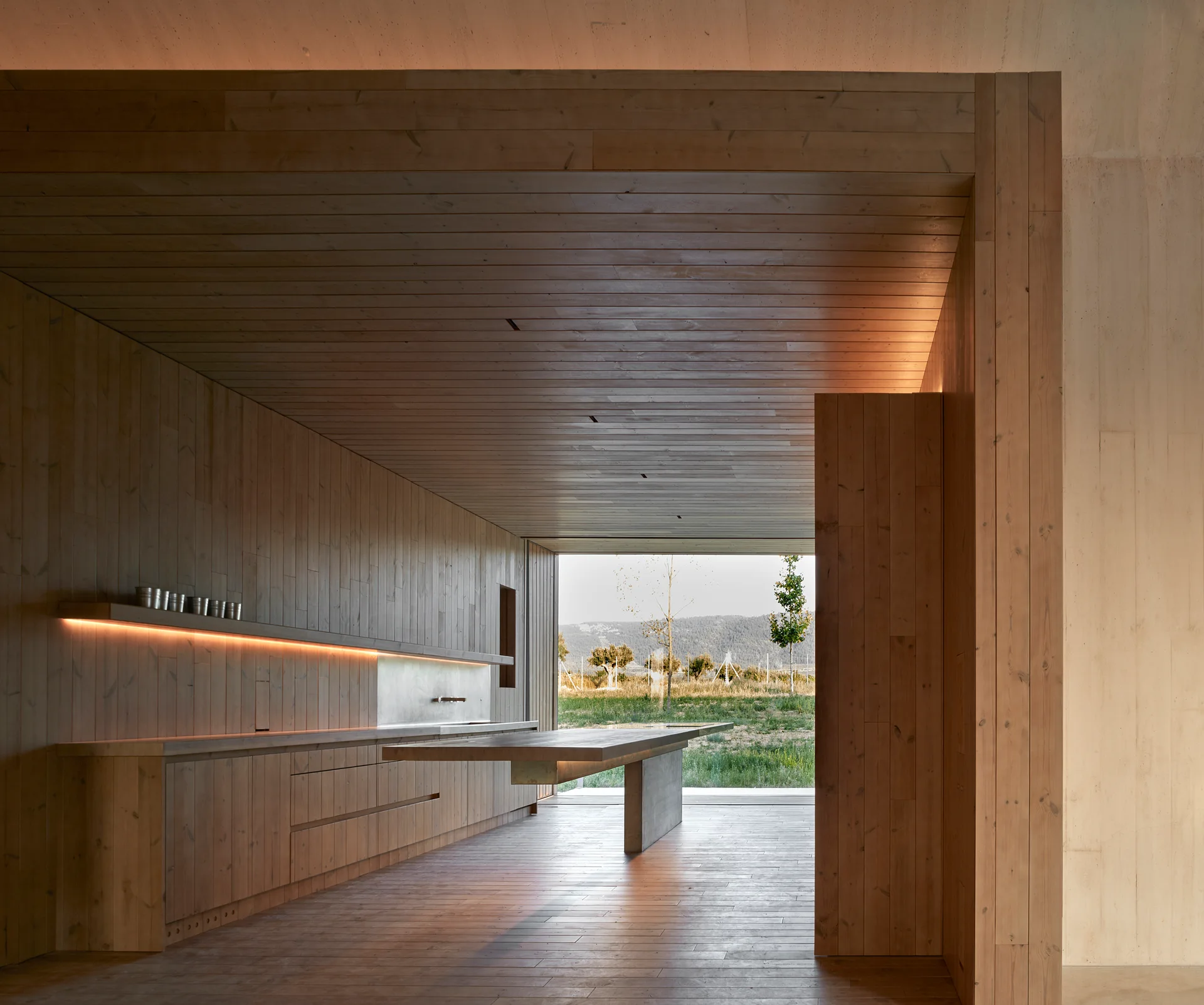 A minimalist wood-lined kitchen features a cantilevered stone island and a wide panoramic opening overlooking an outdoor landscape.