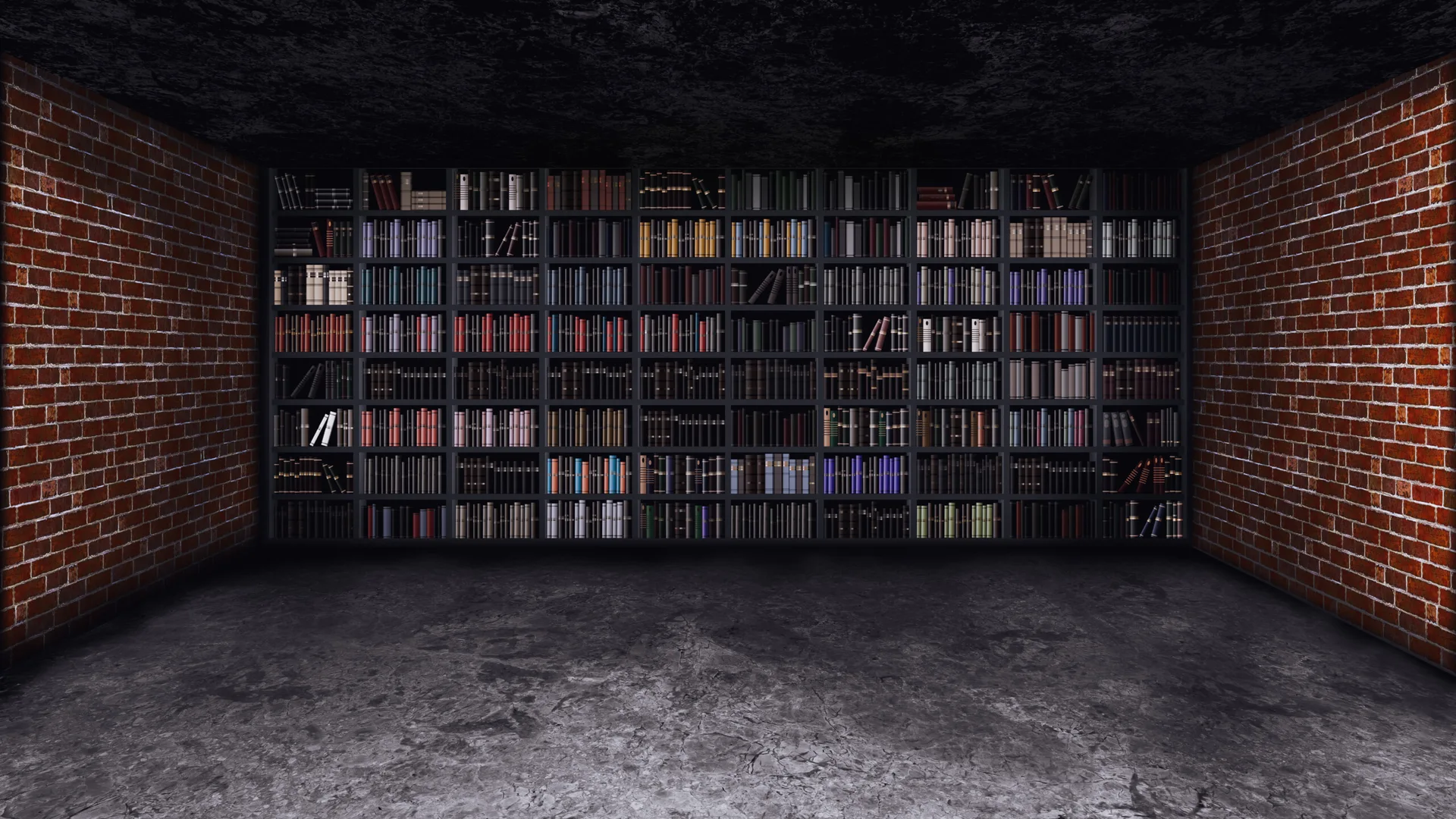 A symmetrical library space features a massive full-wall bookshelf filled with books between two exposed red brick walls and a concrete floor.
