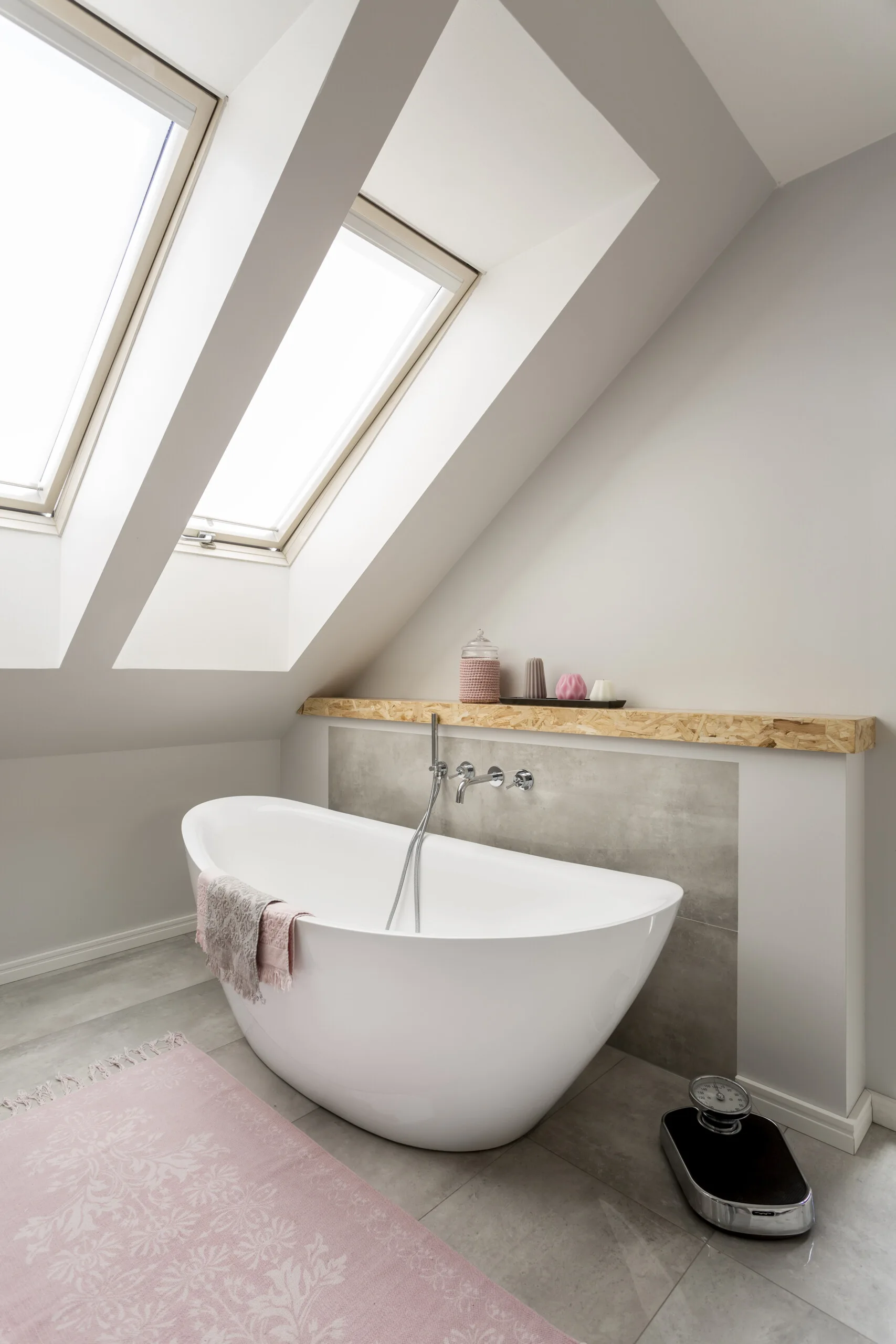 A modern attic bathroom features a freestanding white bathtub beneath two skylights, set against a grey tiled wall with a wood ledge.