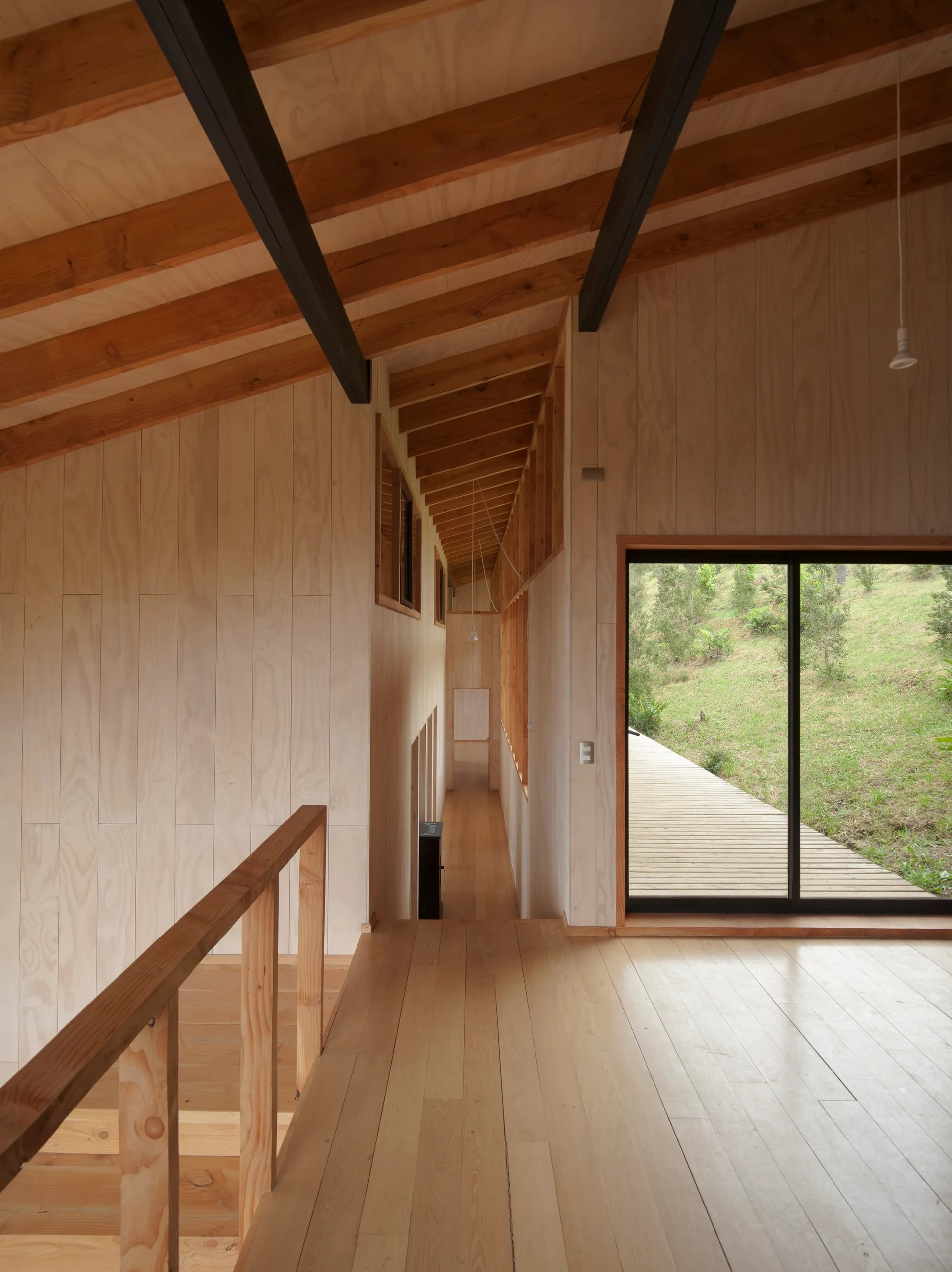 A minimalist interior hallway features light wood paneled walls, a sloped ceiling with exposed dark beams, and a large window looking out onto a grassy hill.