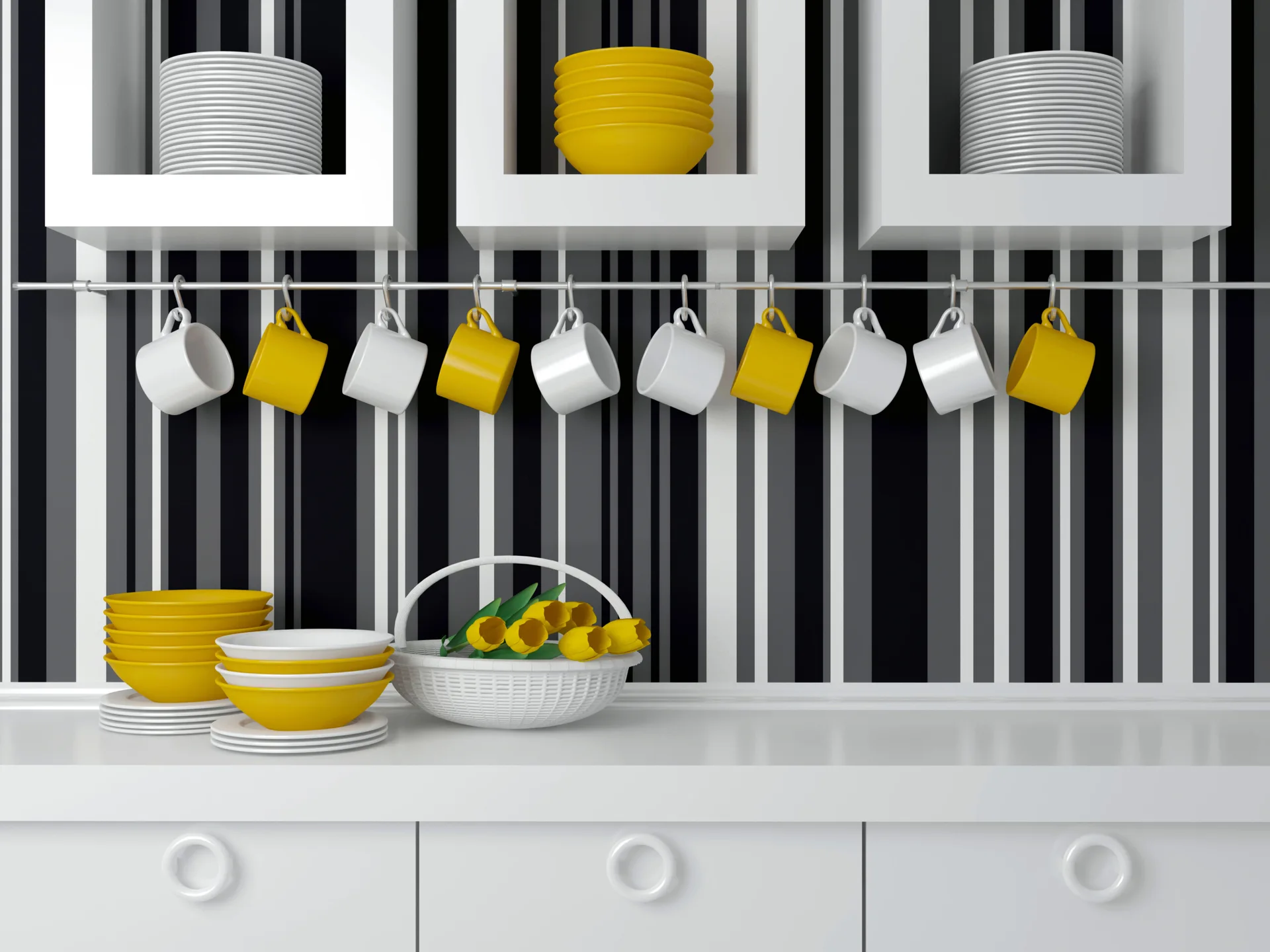 White kitchen shelves and cabinetry set against a bold black and white vertically striped wall featuring neatly arranged yellow and white dinnerware.