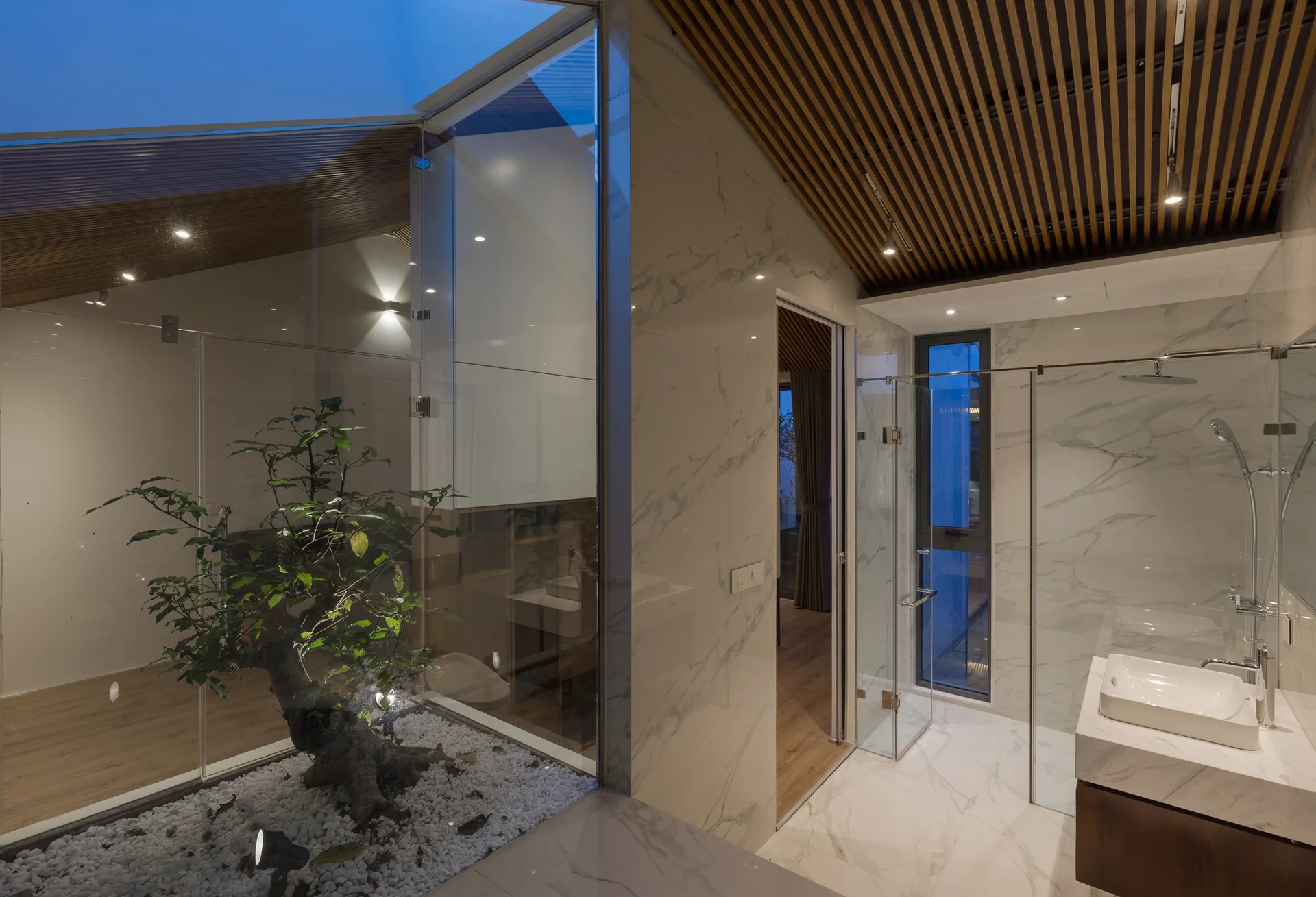 A modern bathroom features white veined marble walls, a wood slatted ceiling, a glass shower, and an enclosed indoor garden with a small tree.