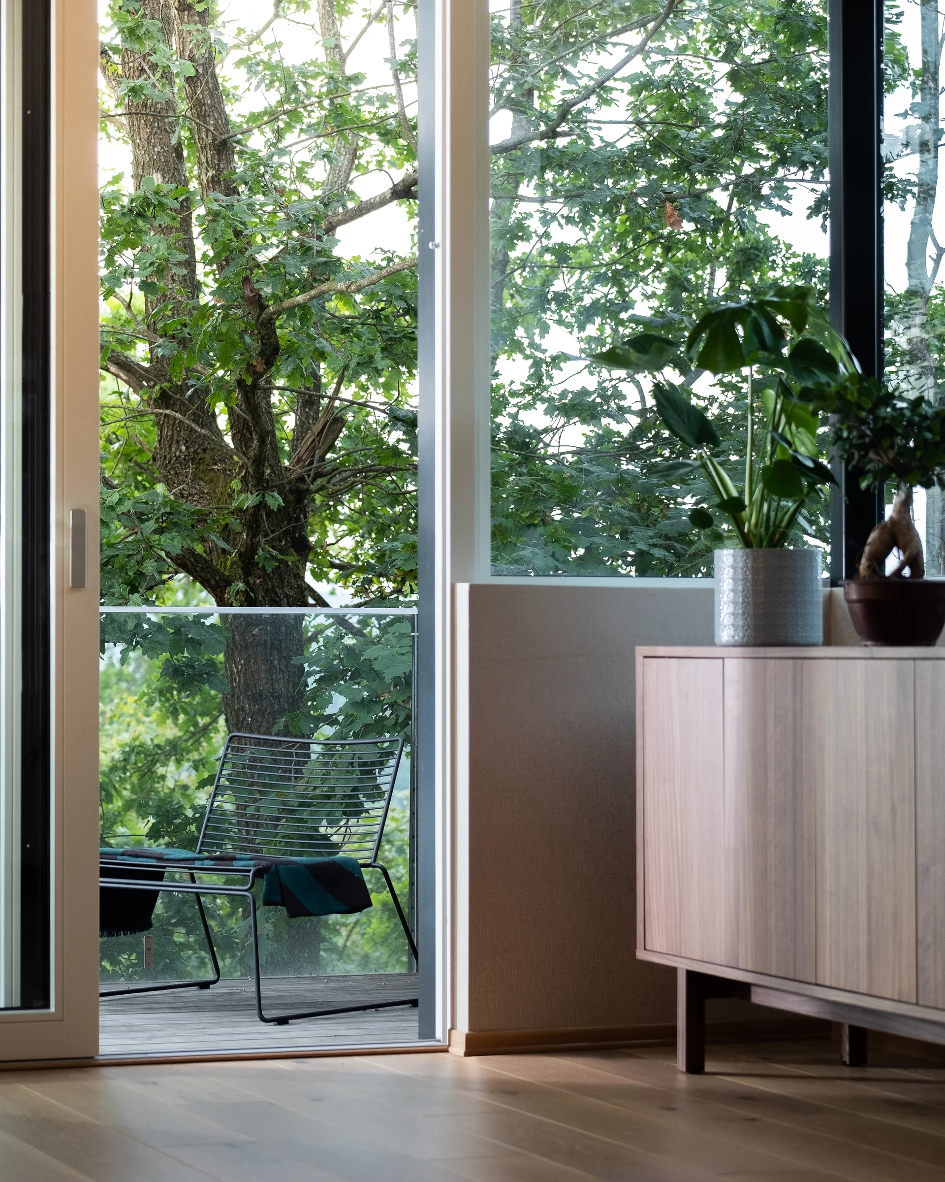 A wood sideboard with houseplants sits near a sliding glass door that opens to a balcony with a black wire chair and a view of green trees.