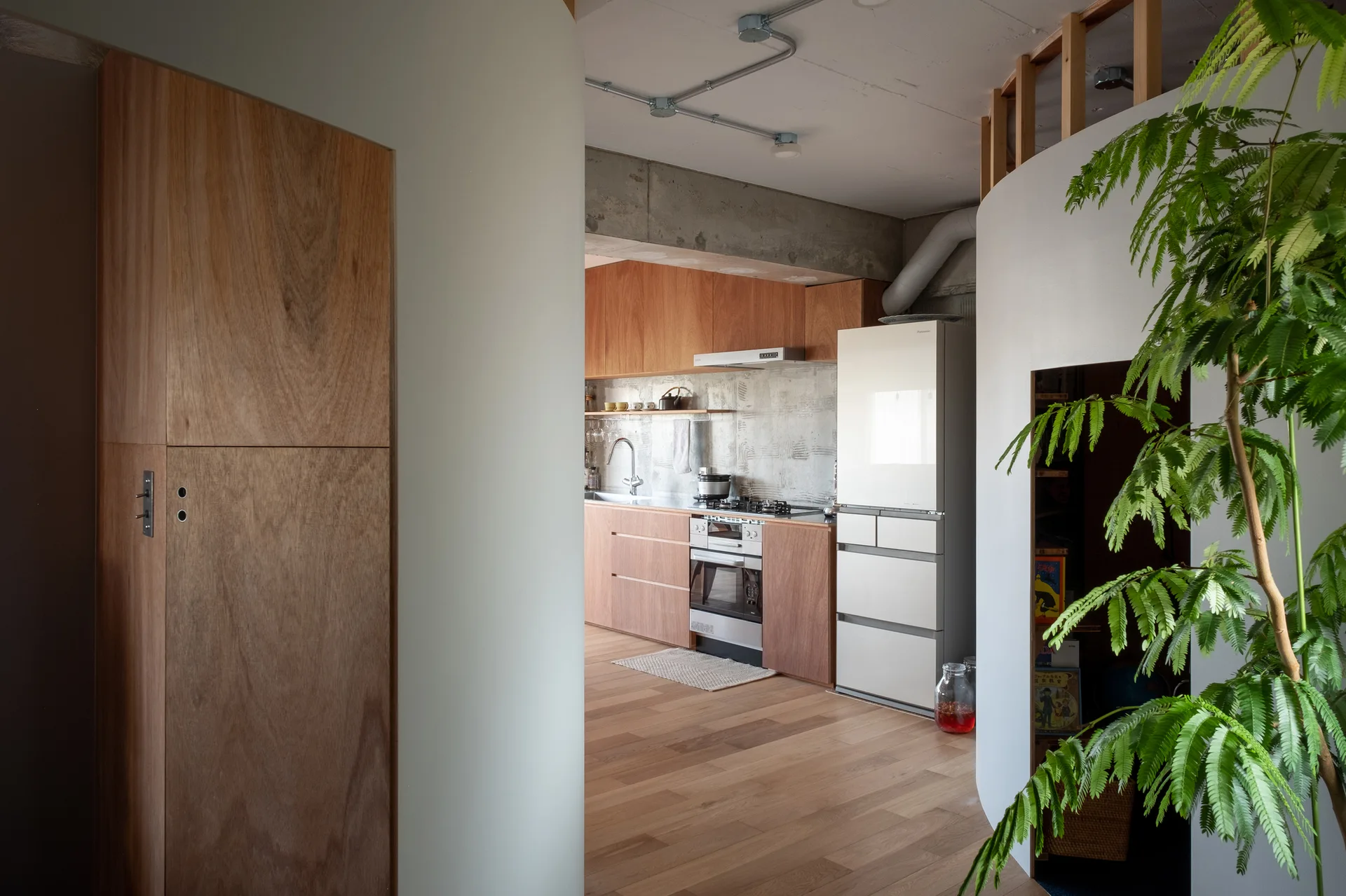 A modern kitchen view framed by a curved white wall partition features warm wood cabinetry, concrete ceilings, and stainless steel appliances.