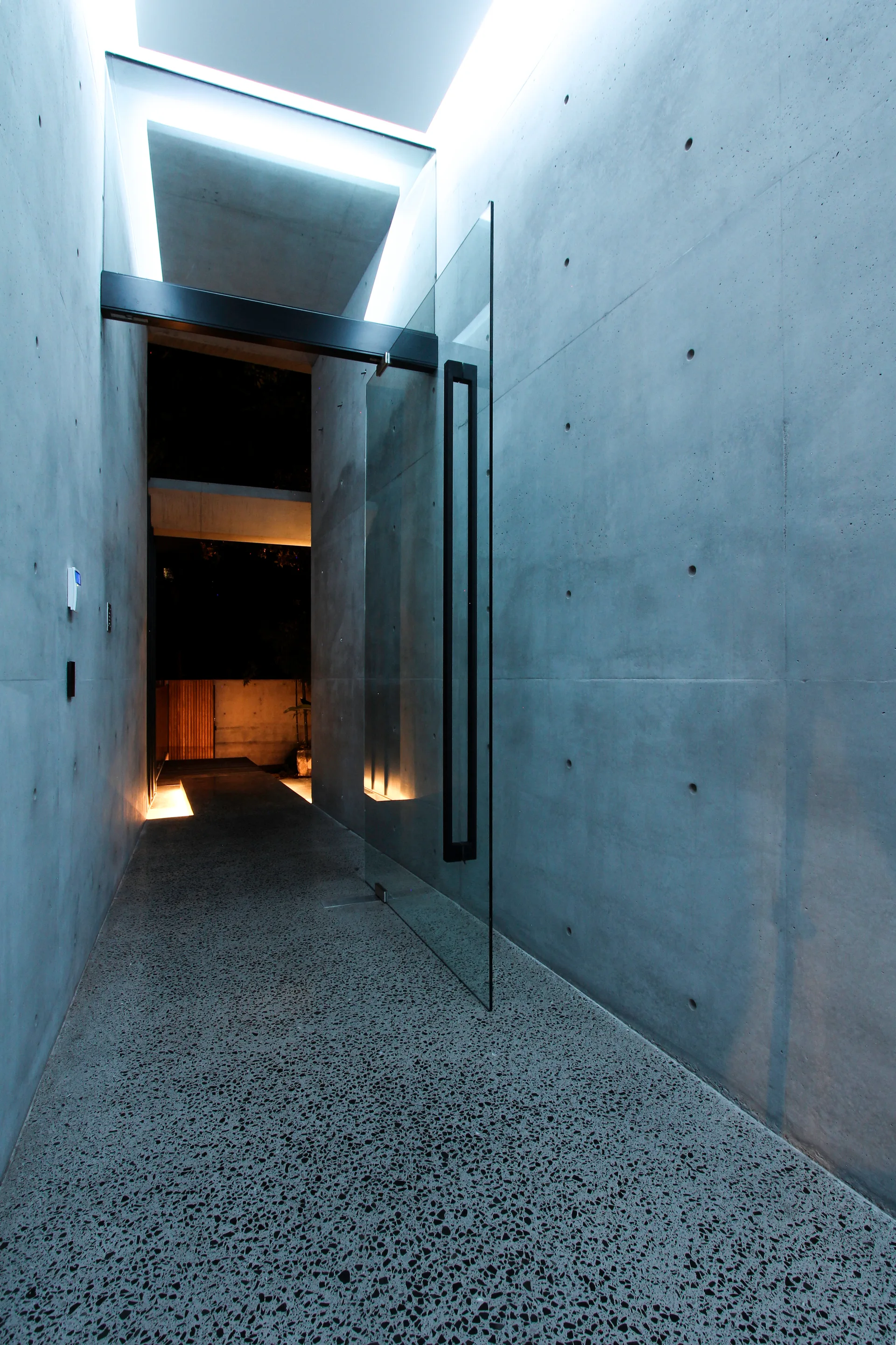 A minimalist entryway features smooth exposed concrete walls, a large frameless glass door with a long black handle, and speckled terrazzo flooring.